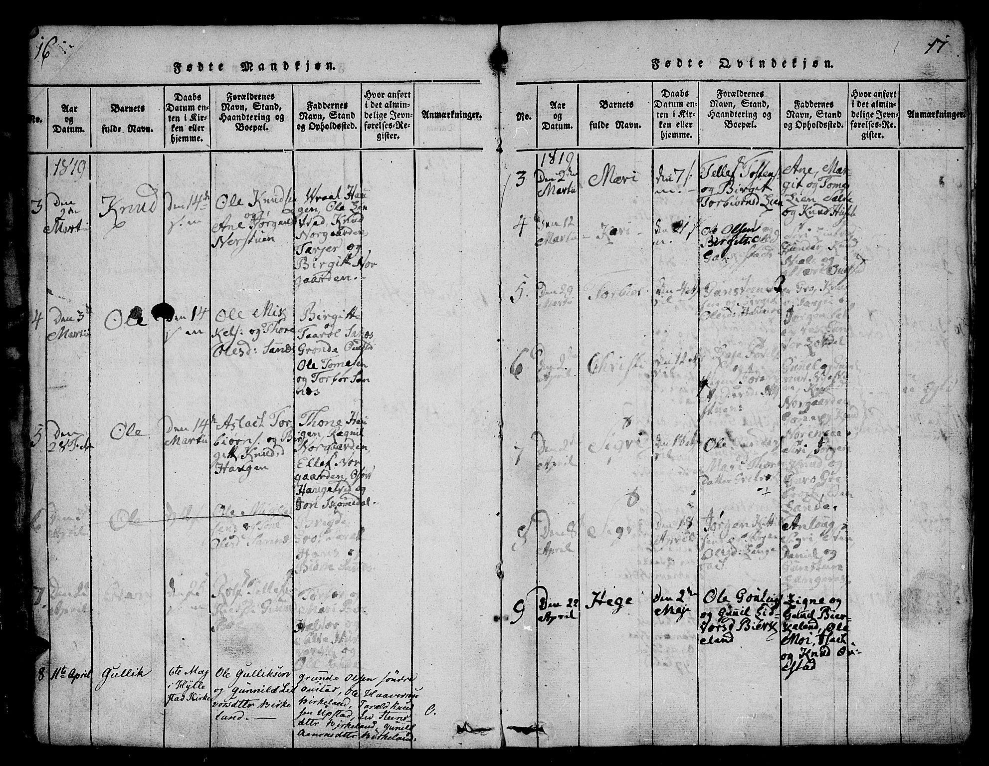 Bygland sokneprestkontor, SAK/1111-0006/F/Fa/Fab/L0003: Parish register (official) no. A 3, 1816-1841, p. 16-17