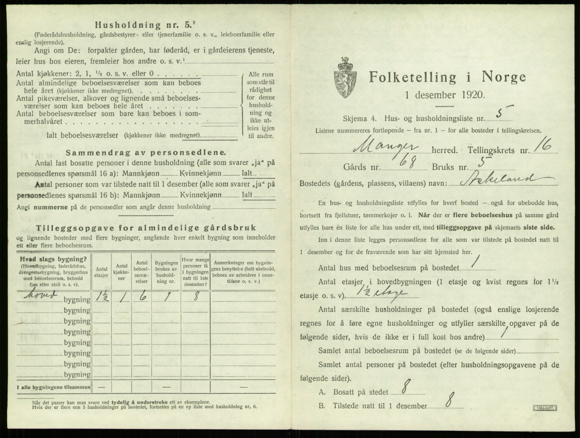 SAB, 1920 census for Manger, 1920, p. 1187