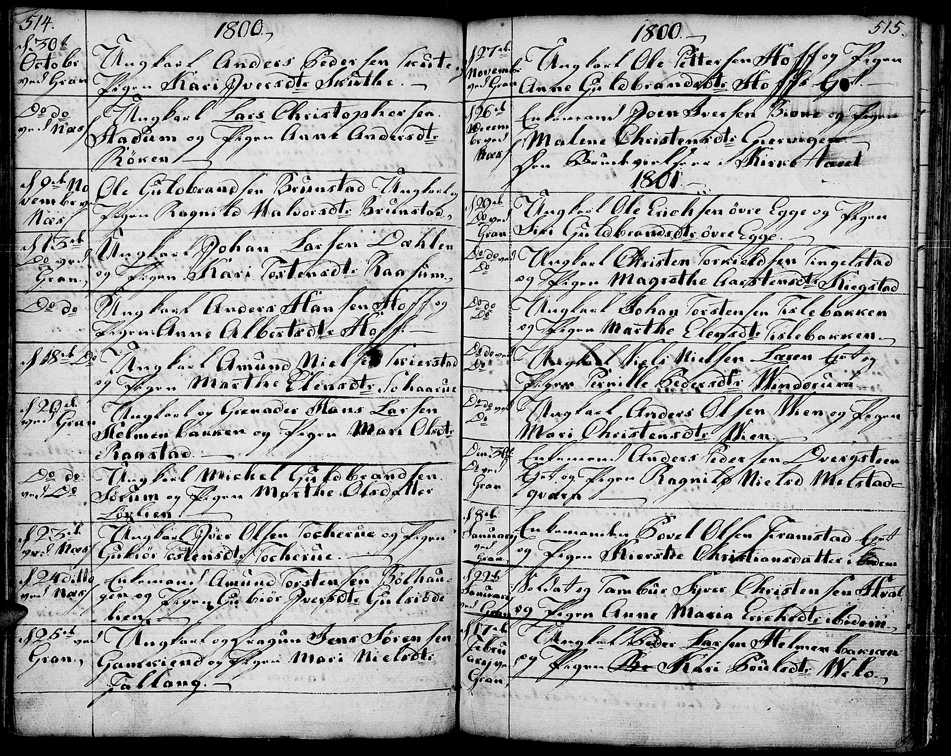Gran prestekontor, SAH/PREST-112/H/Ha/Haa/L0006: Parish register (official) no. 6, 1787-1824, p. 514-515