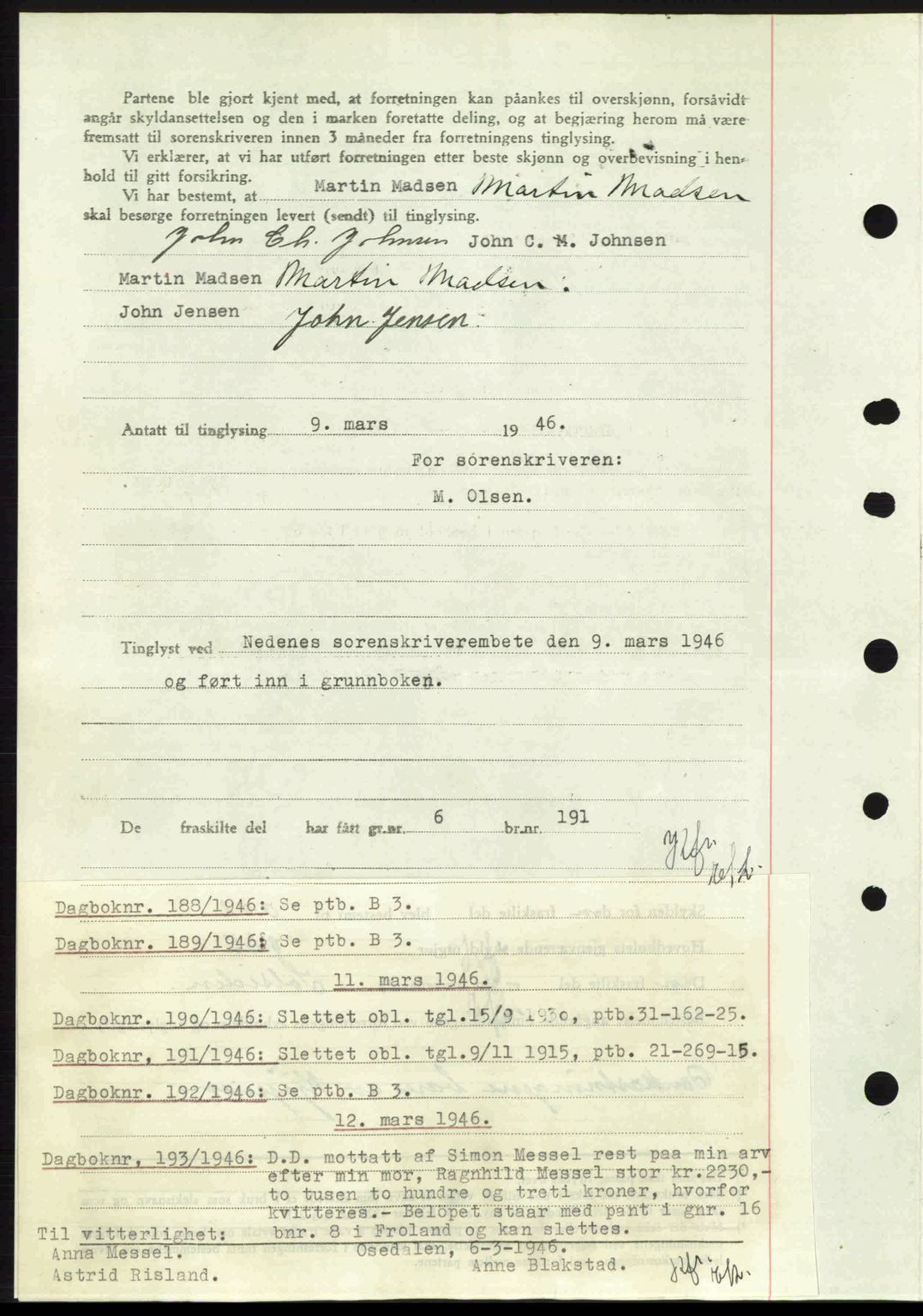 Nedenes sorenskriveri, AV/SAK-1221-0006/G/Gb/Gba/L0054: Mortgage book no. A6c, 1946-1946, Diary no: : 187/1946