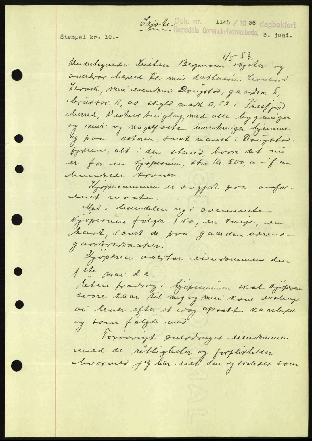 Romsdal sorenskriveri, AV/SAT-A-4149/1/2/2C: Mortgage book no. A1, 1936-1936, Diary no: : 1145/1936