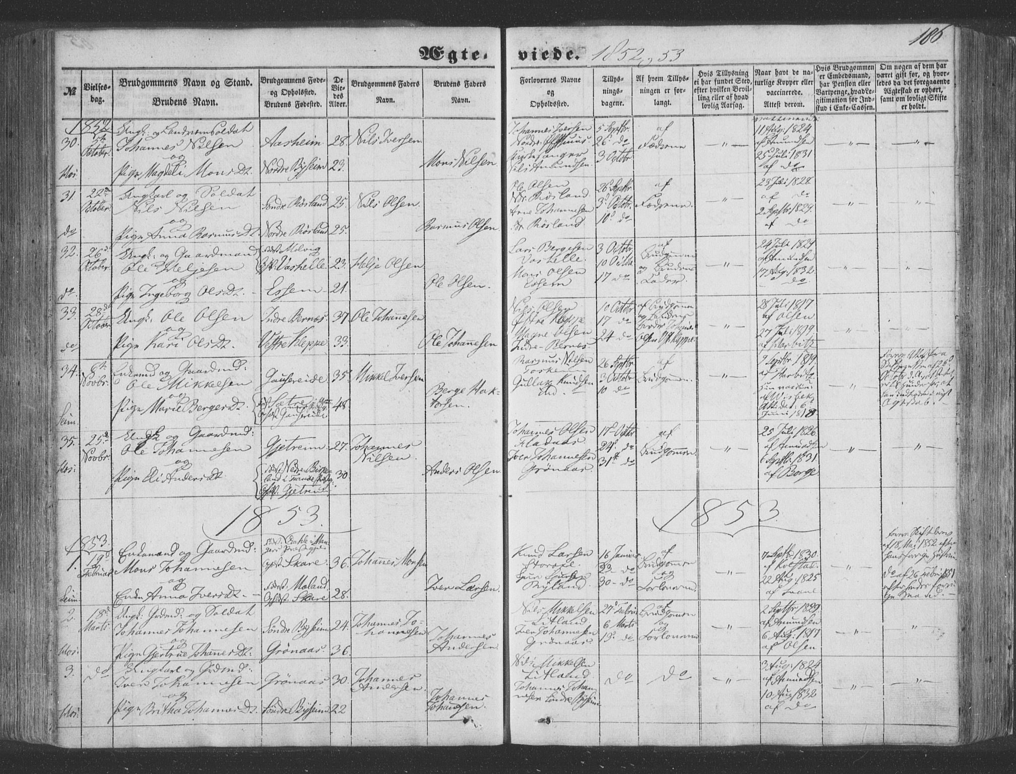 Hosanger sokneprestembete, SAB/A-75801/H/Haa: Parish register (official) no. A 8, 1849-1863, p. 186