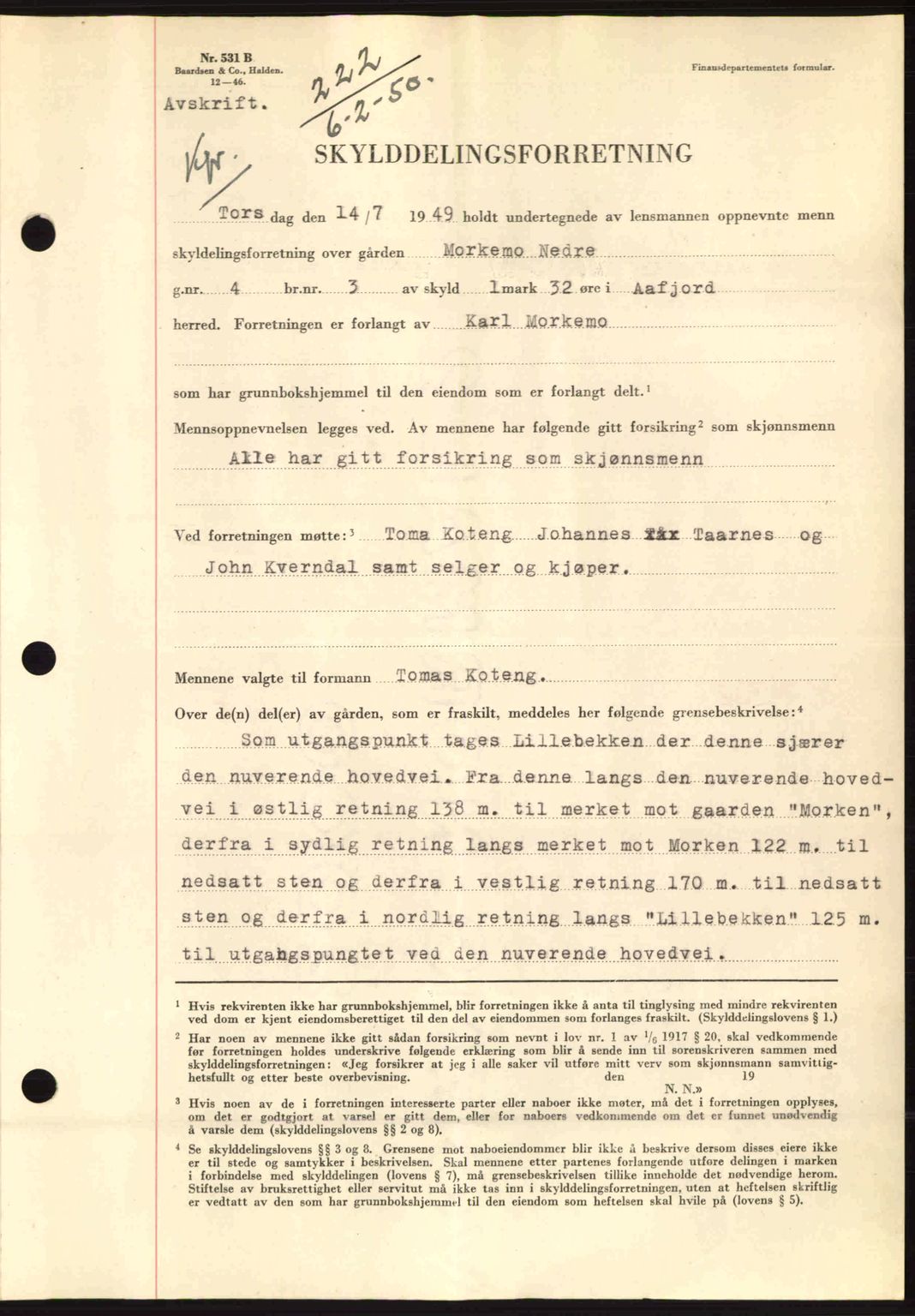 Fosen sorenskriveri, AV/SAT-A-1107/1/2/2C: Mortgage book no. A10, 1949-1950, Diary no: : 222/1950