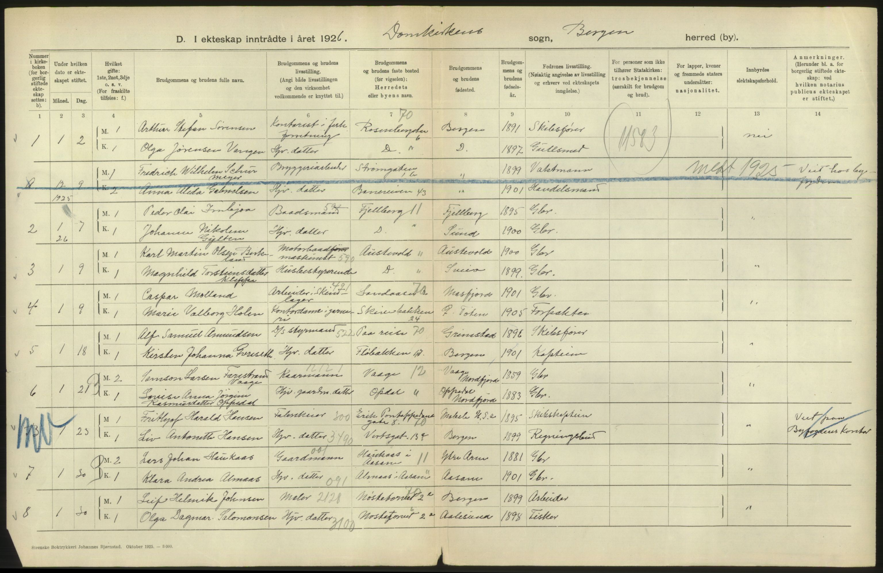 Statistisk sentralbyrå, Sosiodemografiske emner, Befolkning, RA/S-2228/D/Df/Dfc/Dfcf/L0028: Bergen: Gifte, døde, dødfødte., 1926, p. 252