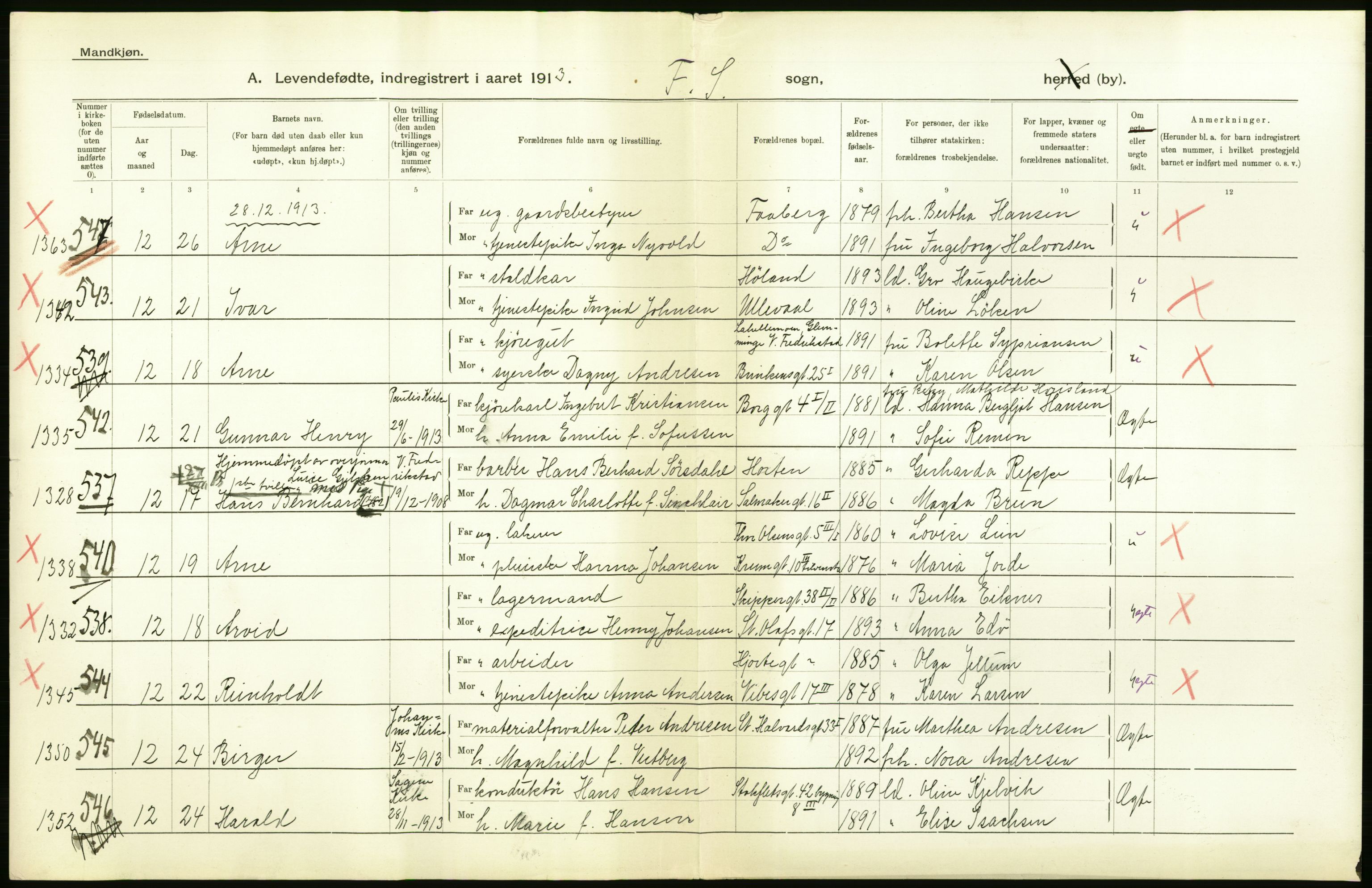 Statistisk sentralbyrå, Sosiodemografiske emner, Befolkning, AV/RA-S-2228/D/Df/Dfb/Dfbc/L0007: Kristiania: Levendefødte menn og kvinner., 1913, p. 6