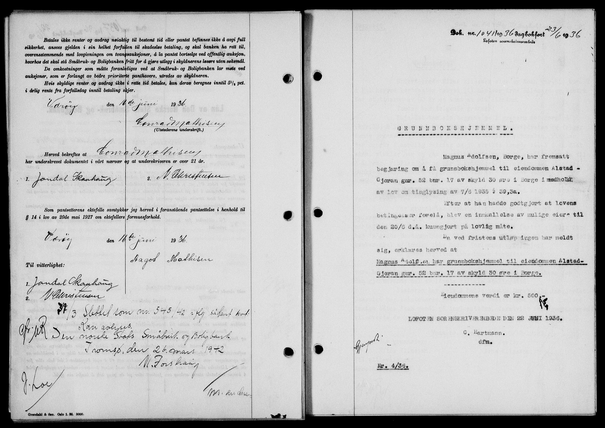 Lofoten sorenskriveri, SAT/A-0017/1/2/2C/L0033b: Mortgage book no. 33b, 1936-1936, Diary no: : 1041/1936