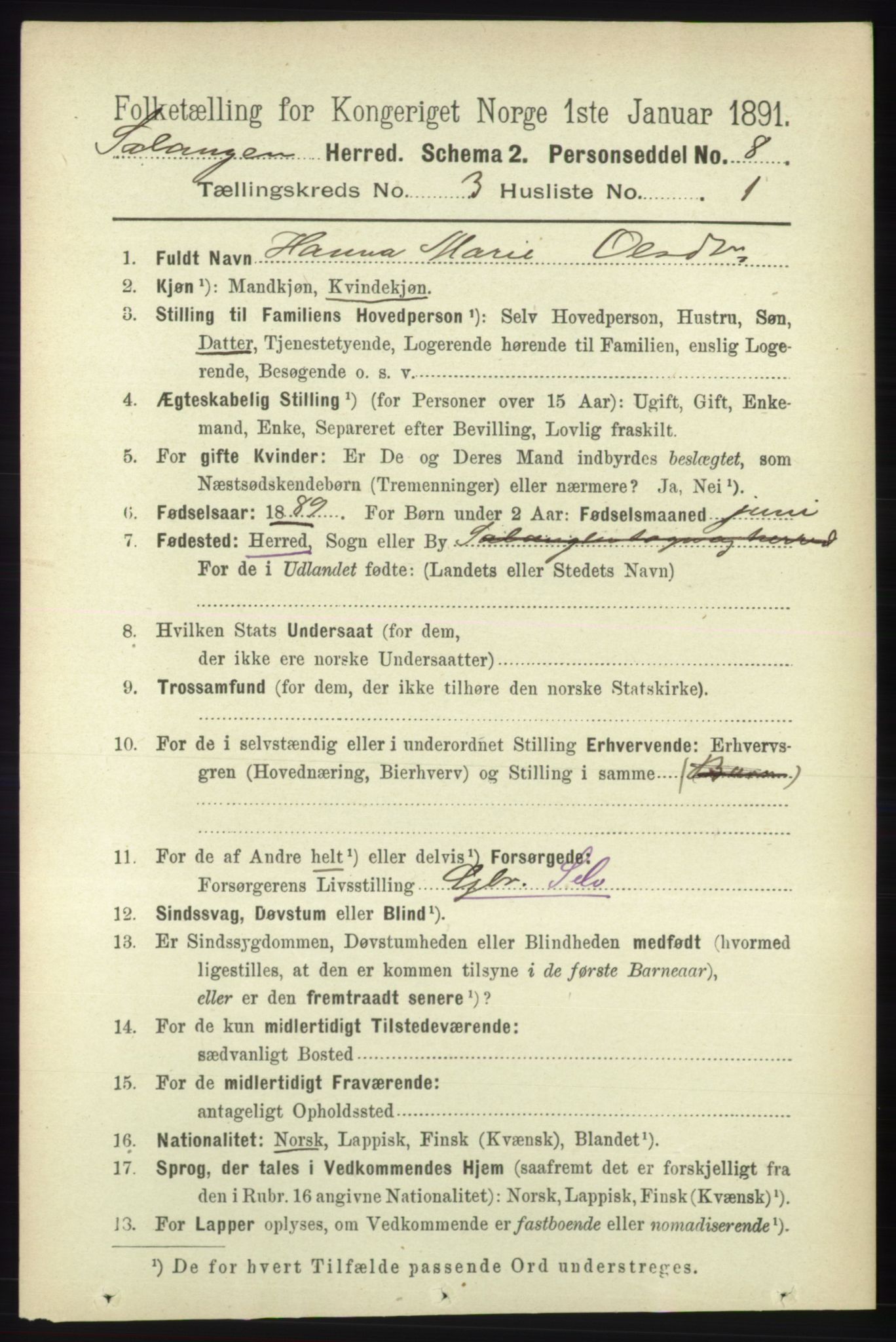 RA, 1891 census for 1921 Salangen, 1891, p. 1236