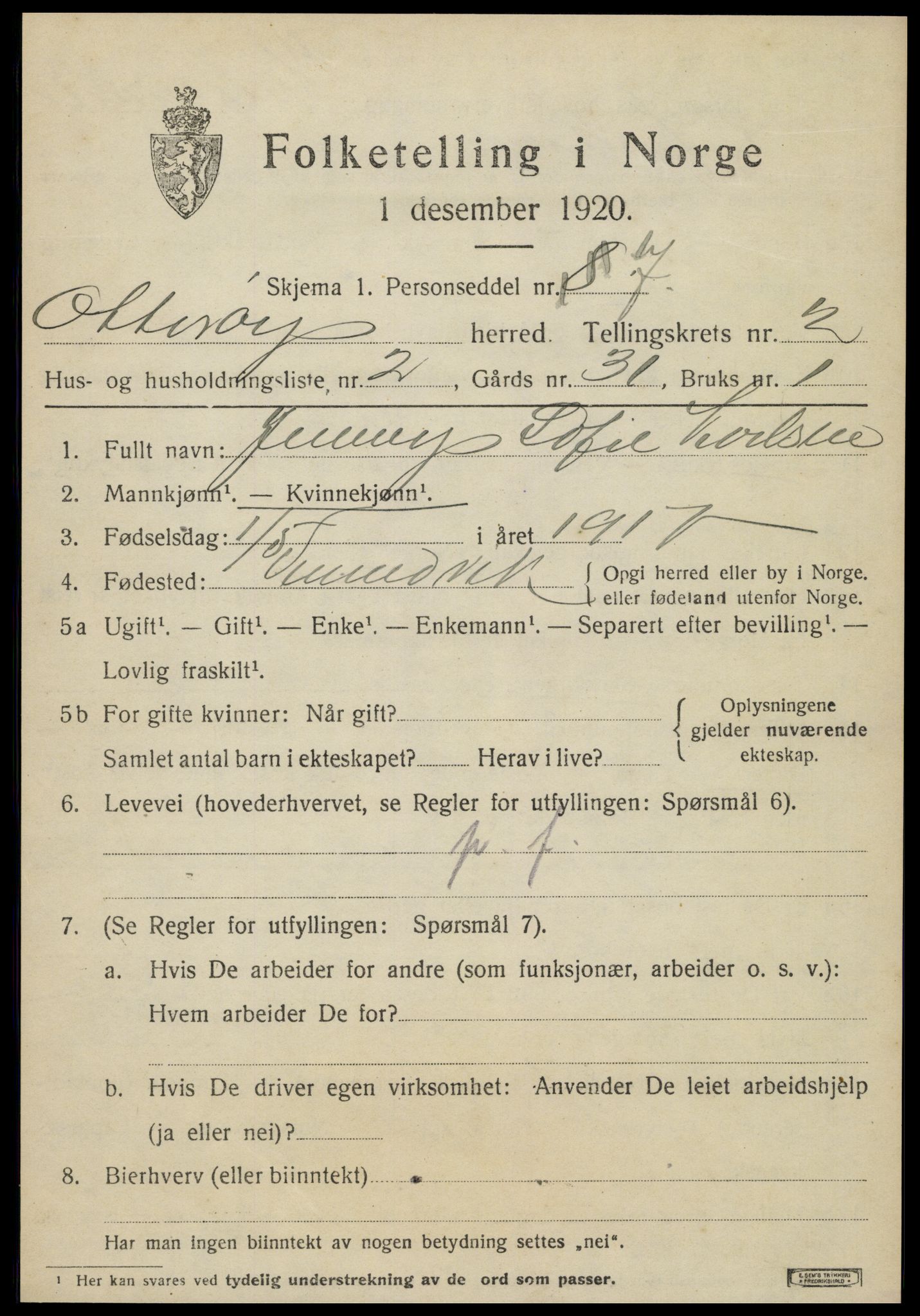 SAT, 1920 census for Otterøy, 1920, p. 1137