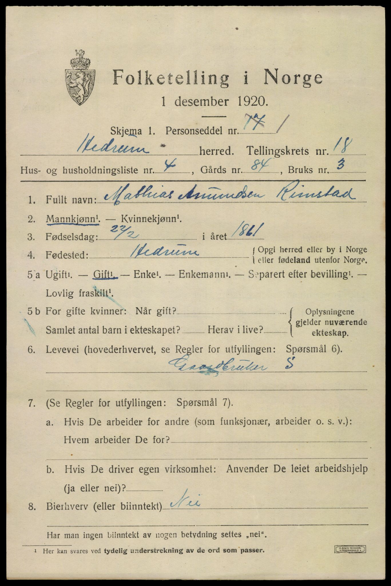 SAKO, 1920 census for Hedrum, 1920, p. 10829