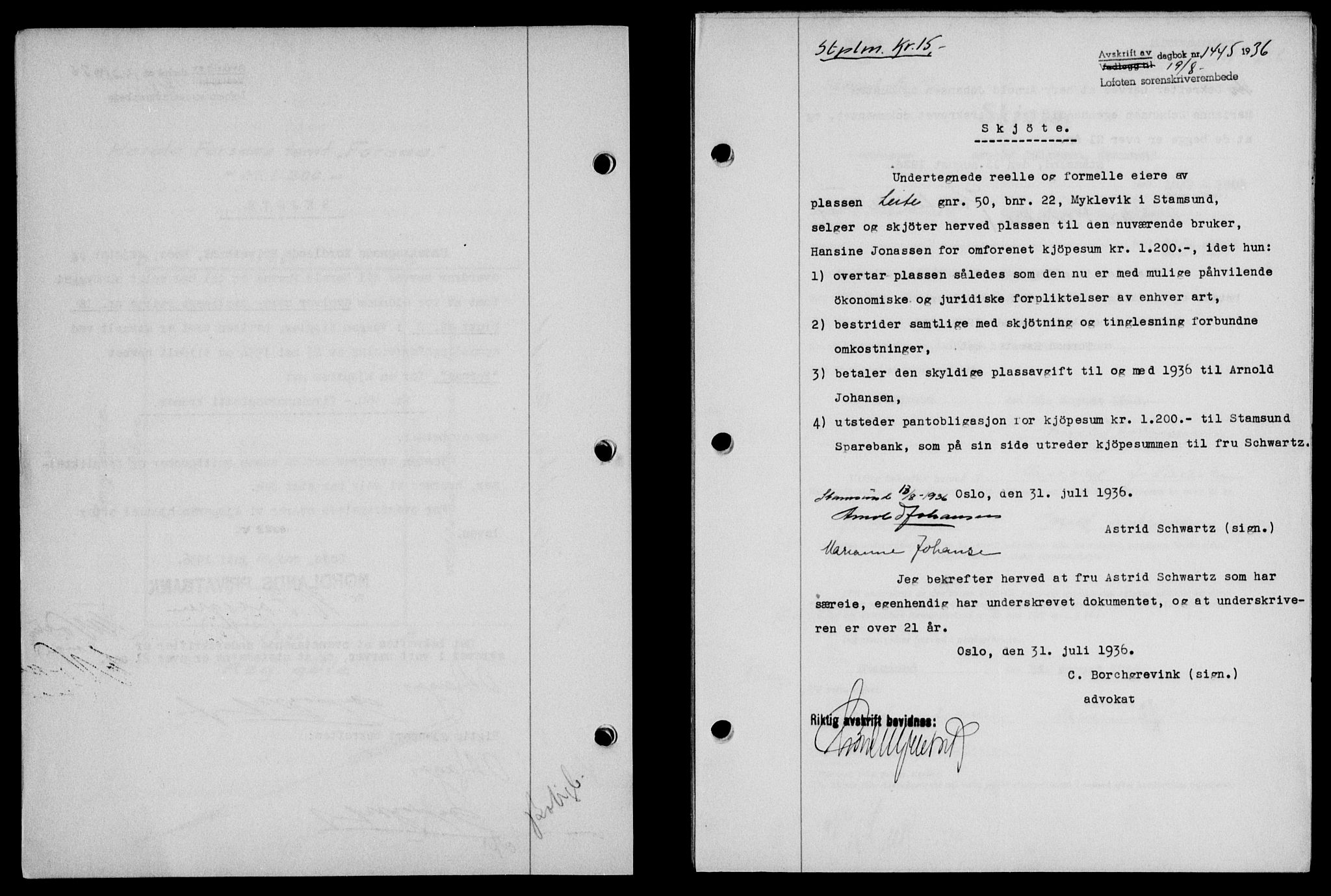 Lofoten sorenskriveri, SAT/A-0017/1/2/2C/L0001a: Mortgage book no. 1a, 1936-1937, Diary no: : 1445/1936