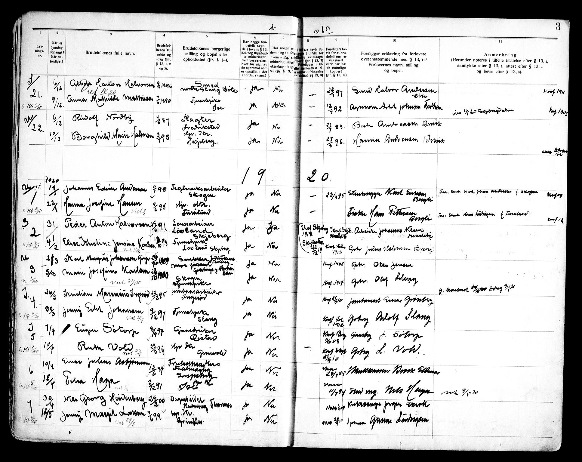 Skjeberg prestekontor Kirkebøker, SAO/A-10923/H/Ha/L0002: Banns register no. I 2, 1919-1957, p. 3