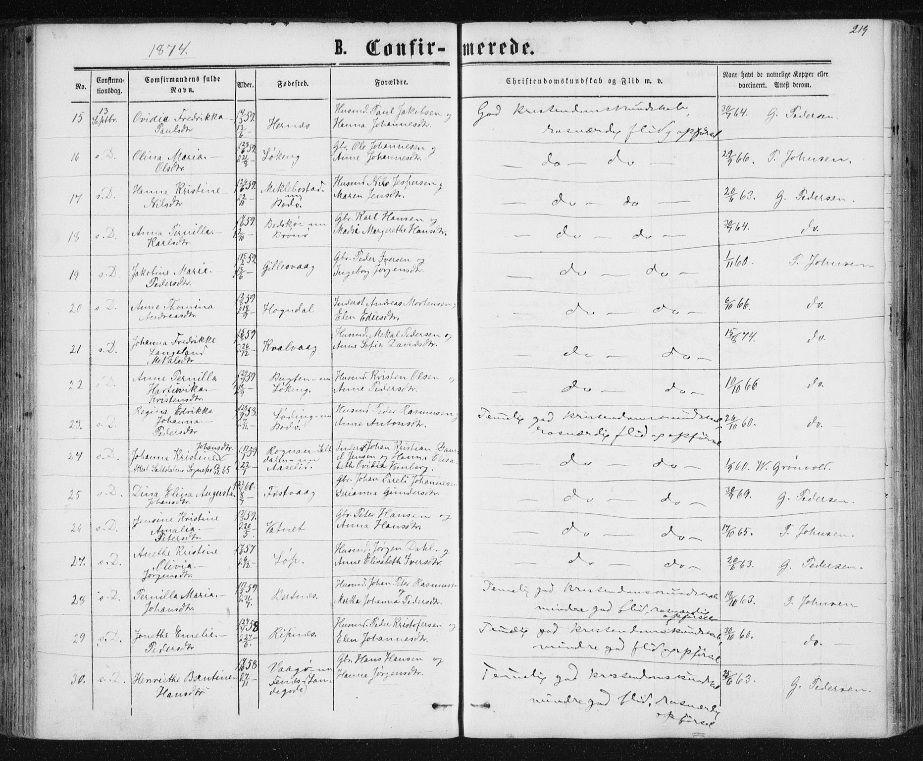 Ministerialprotokoller, klokkerbøker og fødselsregistre - Nordland, SAT/A-1459/801/L0008: Parish register (official) no. 801A08, 1864-1875, p. 219