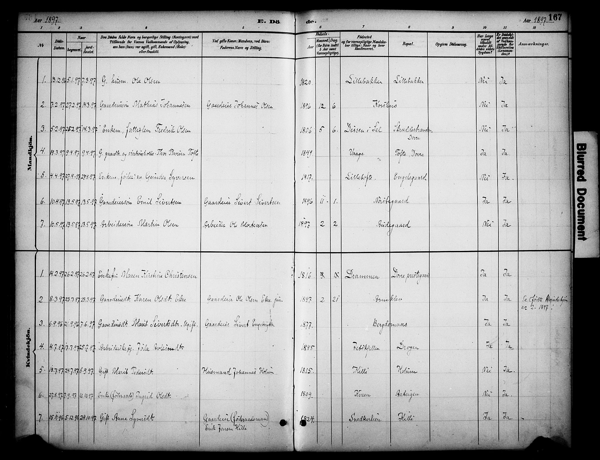 Dovre prestekontor, AV/SAH-PREST-066/H/Ha/Haa/L0003: Parish register (official) no. 3, 1891-1901, p. 167