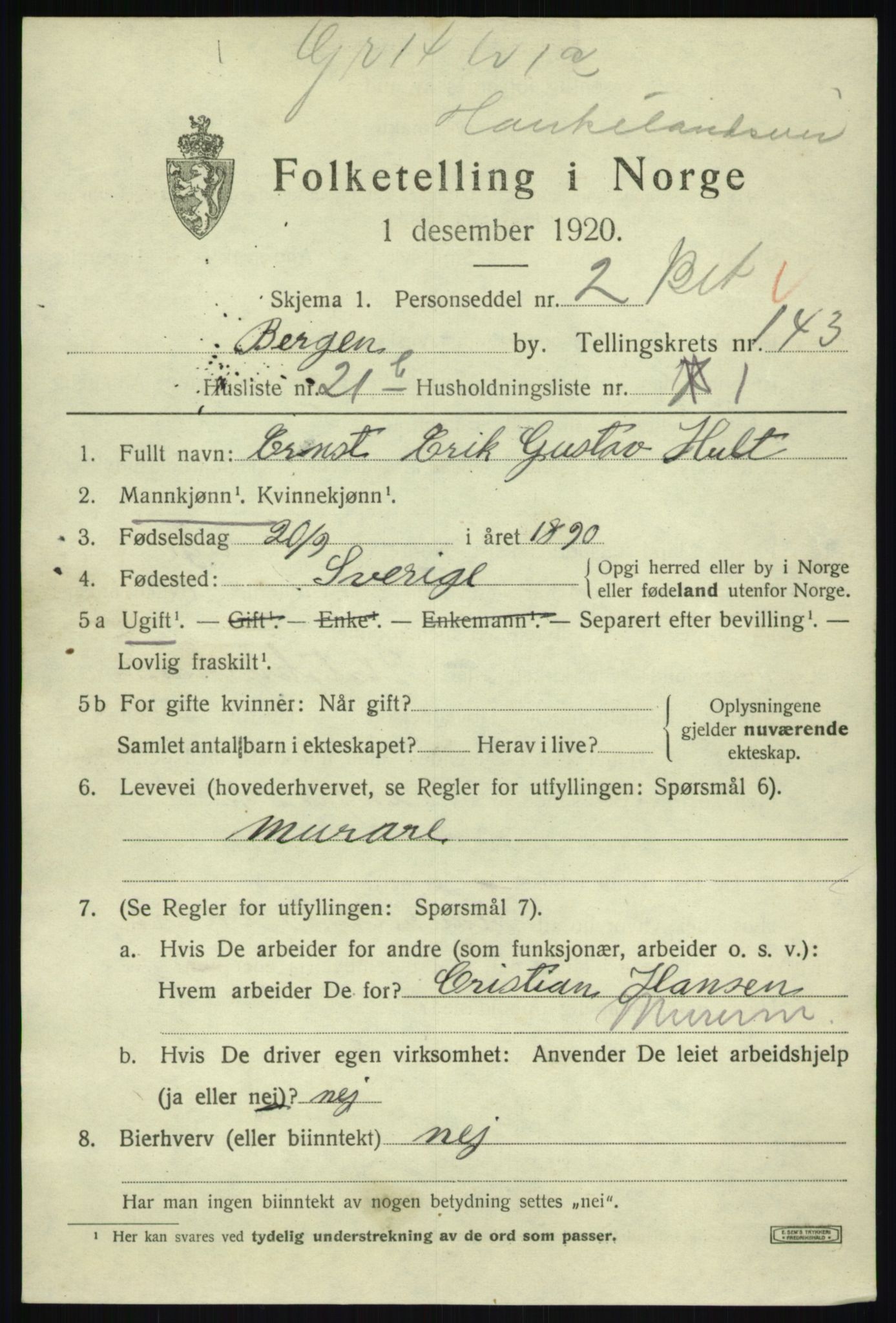 SAB, 1920 census for Bergen, 1920, p. 239355