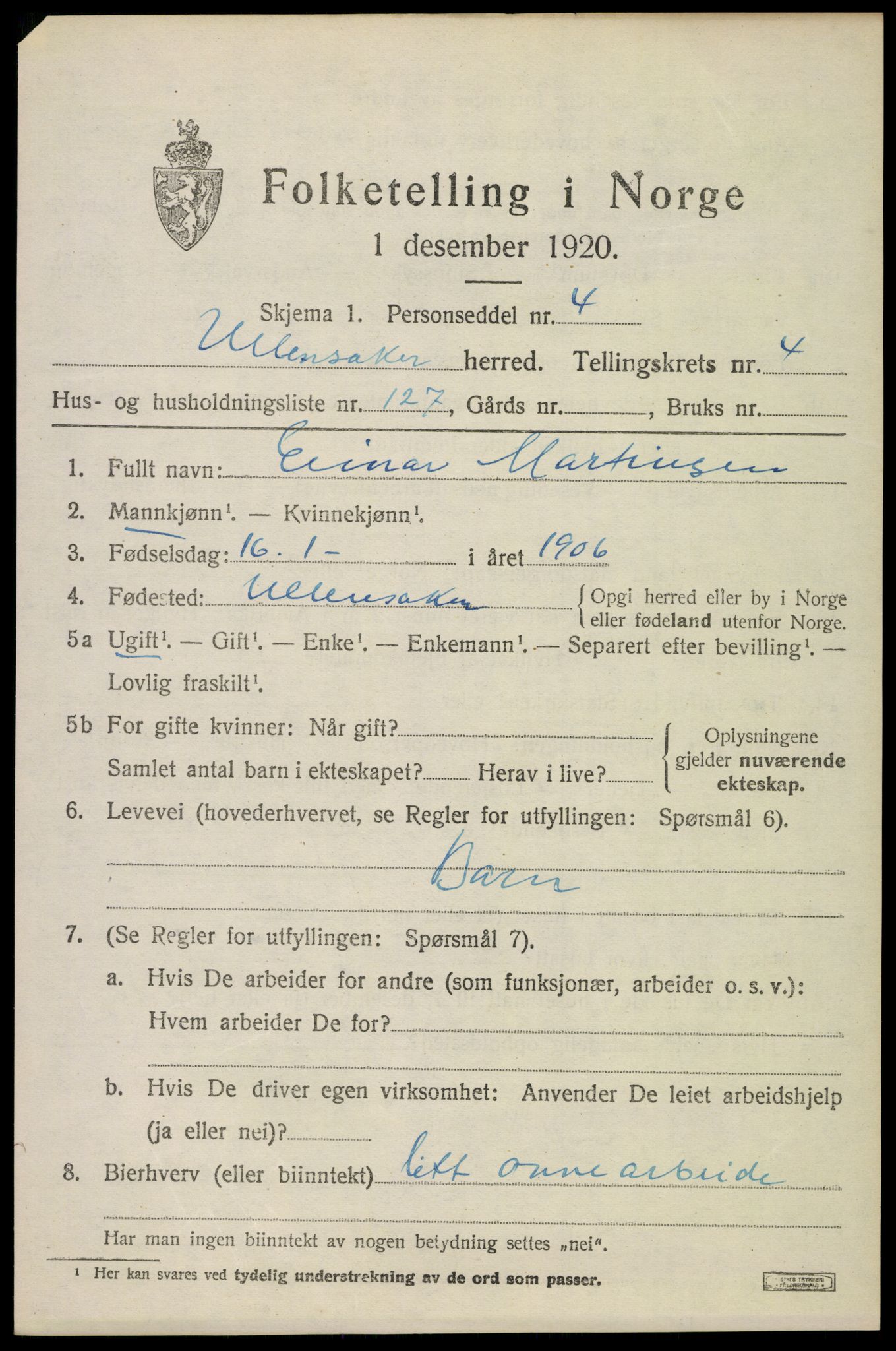 SAO, 1920 census for Ullensaker, 1920, p. 8813