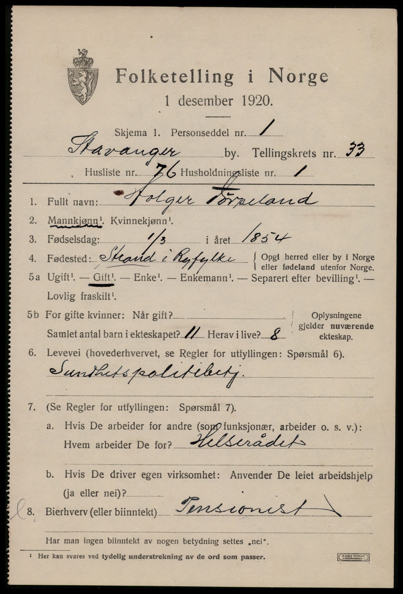 SAST, 1920 census for Stavanger, 1920, p. 91812