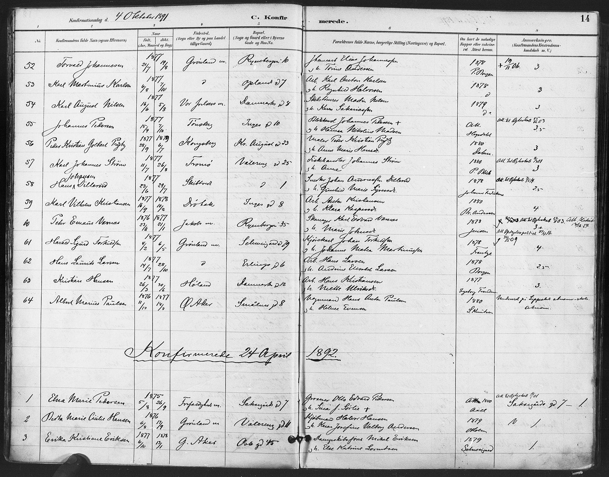 Gamlebyen prestekontor Kirkebøker, SAO/A-10884/F/Fa/L0008: Parish register (official) no. 8, 1891-1908, p. 14