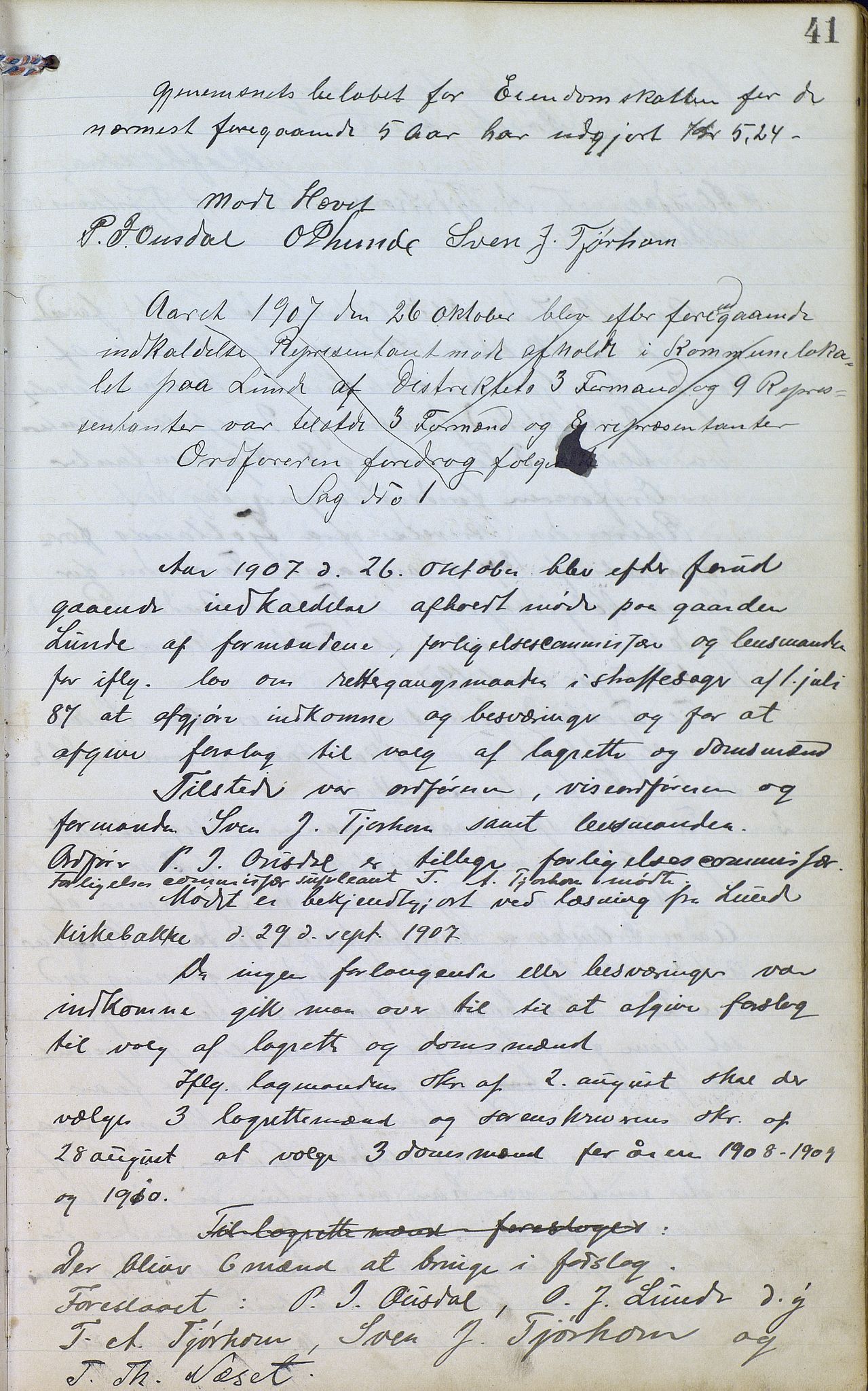 Øvre Sirdal kommune - Formannskapet/Kommunestyret, ARKSOR/1046ØS120/A/L0001: Møtebok (d), 1905-1917, p. 41