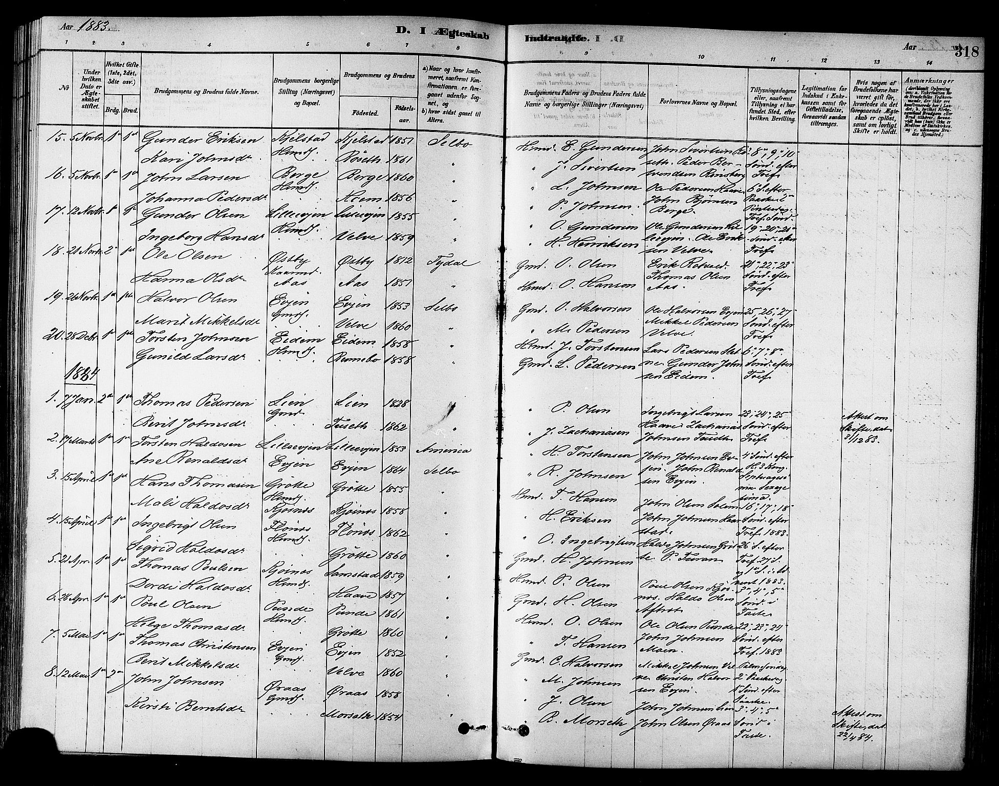 Ministerialprotokoller, klokkerbøker og fødselsregistre - Sør-Trøndelag, AV/SAT-A-1456/695/L1148: Parish register (official) no. 695A08, 1878-1891, p. 318