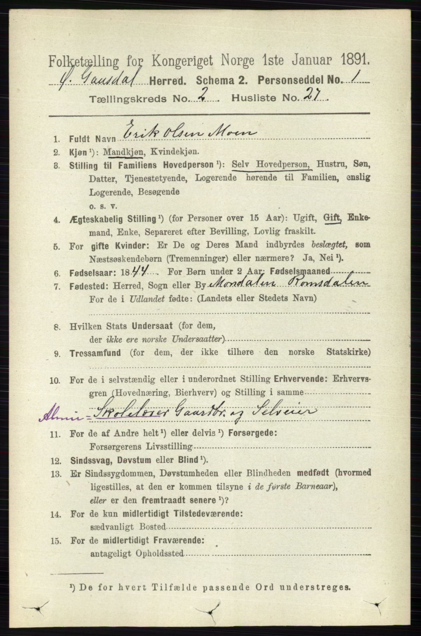 RA, 1891 census for 0522 Østre Gausdal, 1891, p. 1380