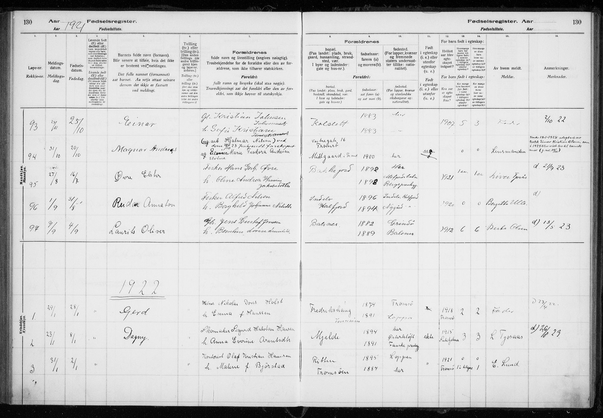 Tromsøysund sokneprestkontor, AV/SATØ-S-1304/H/Ha/L0079: Birth register no. 79, 1916-1924, p. 130