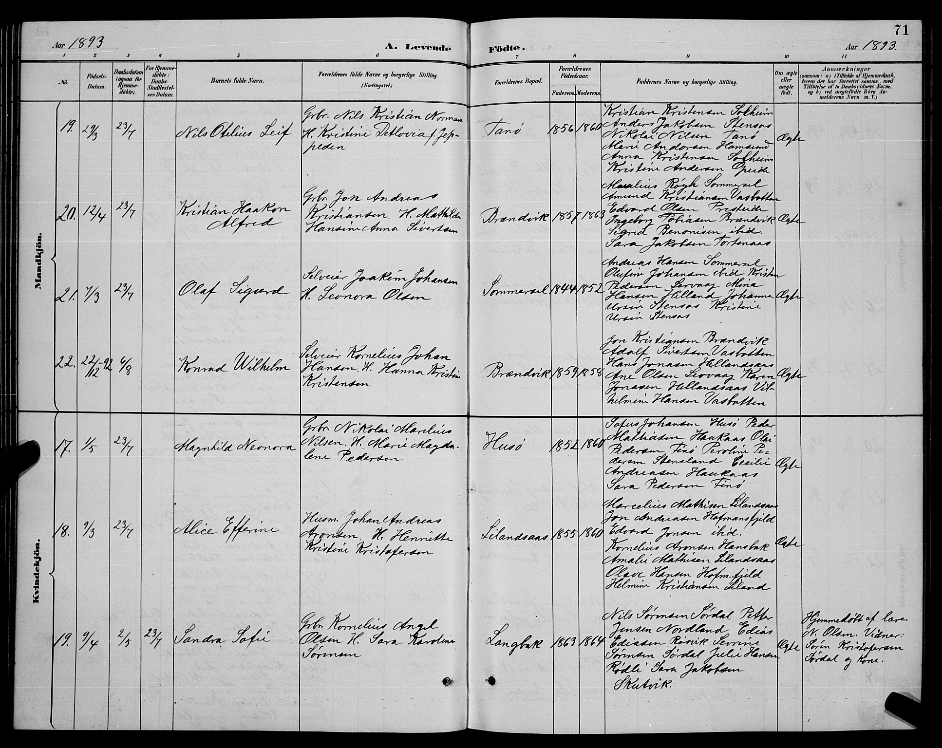 Ministerialprotokoller, klokkerbøker og fødselsregistre - Nordland, AV/SAT-A-1459/859/L0859: Parish register (copy) no. 859C05, 1887-1898, p. 71