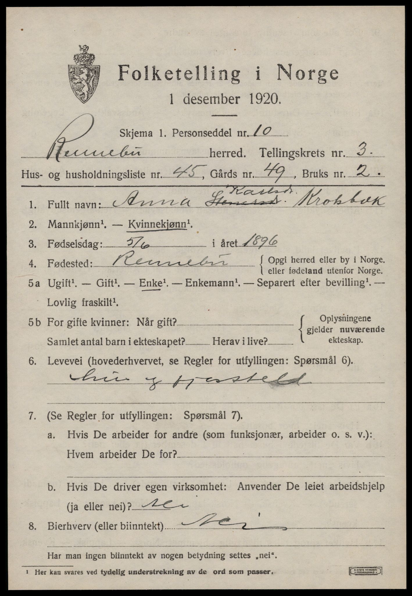 SAT, 1920 census for Rennebu, 1920, p. 2408