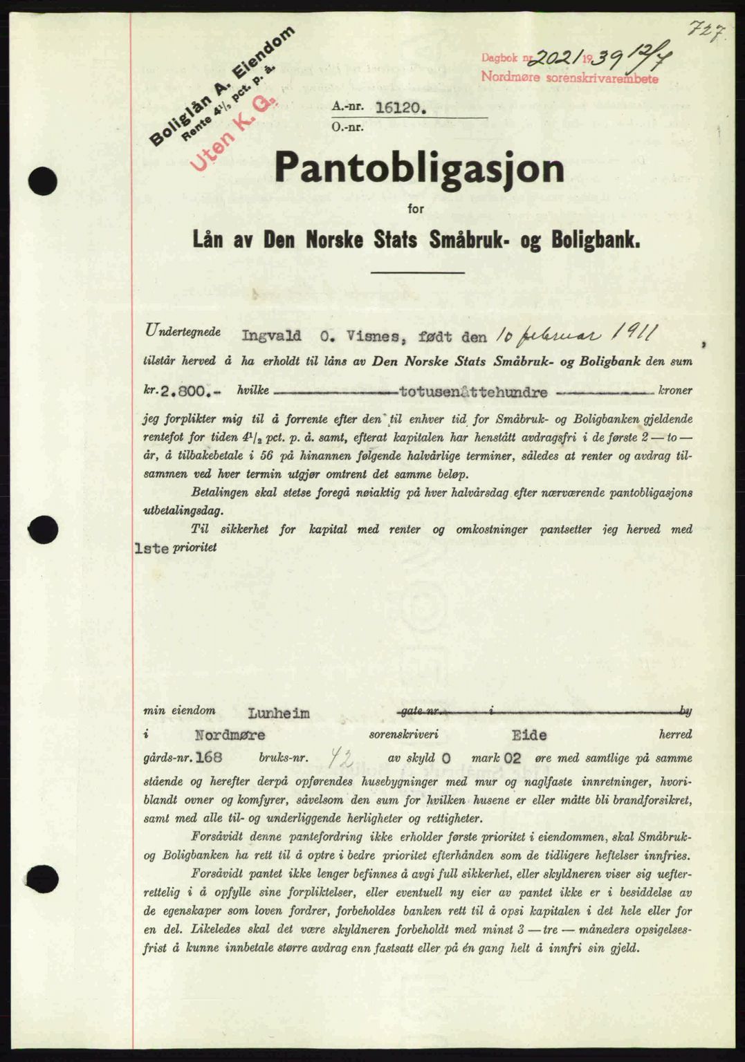 Nordmøre sorenskriveri, AV/SAT-A-4132/1/2/2Ca: Mortgage book no. B85, 1939-1939, Diary no: : 2021/1939