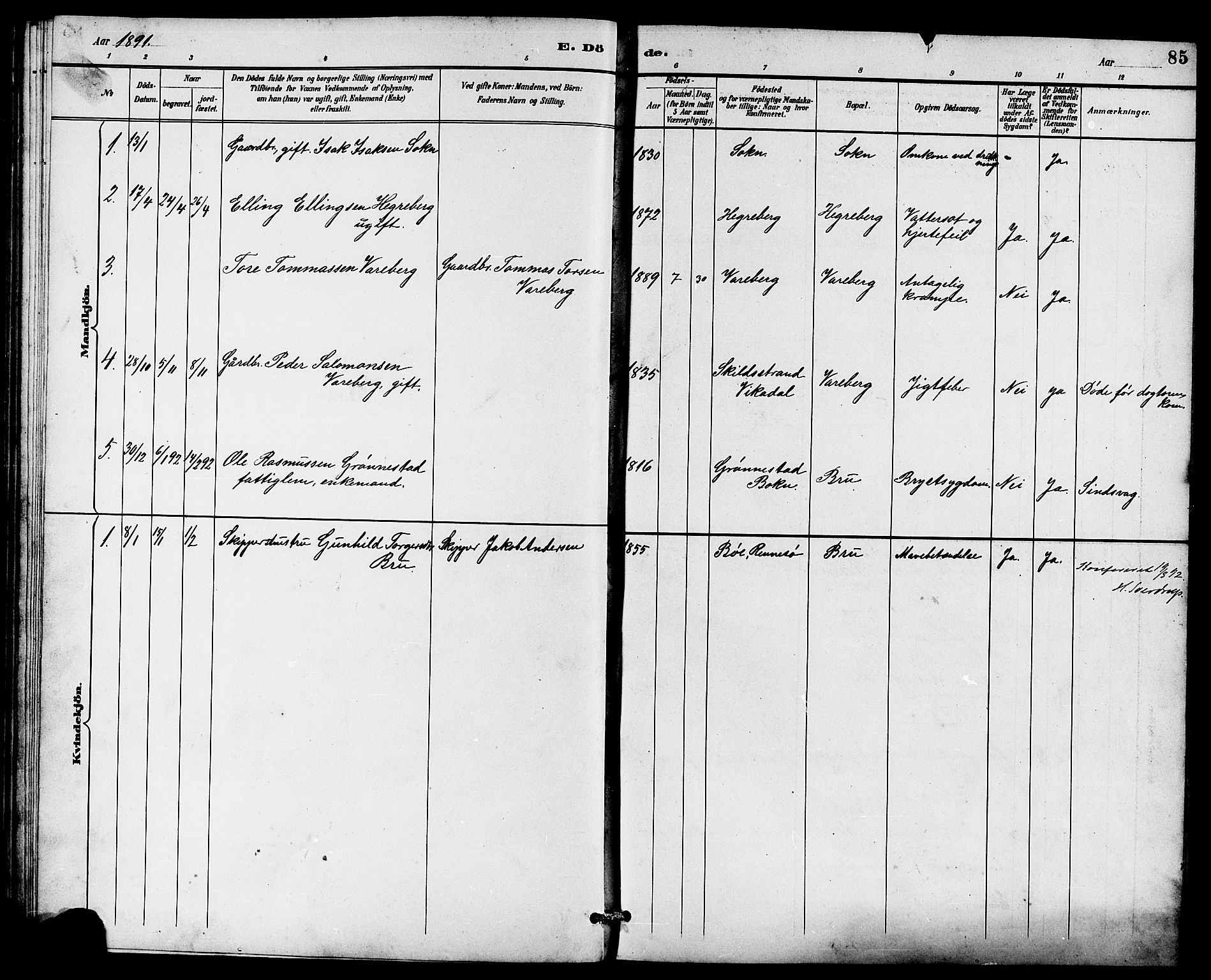 Rennesøy sokneprestkontor, SAST/A -101827/H/Ha/Hab/L0011: Parish register (copy) no. B 10, 1891-1908, p. 85