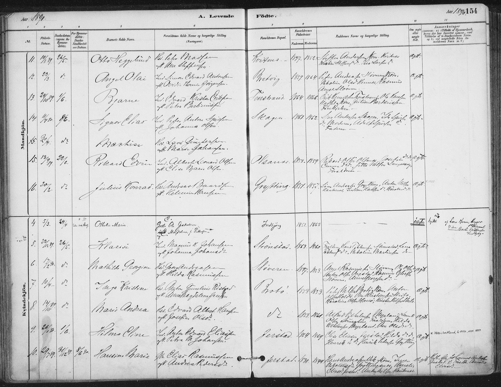 Ministerialprotokoller, klokkerbøker og fødselsregistre - Nordland, AV/SAT-A-1459/888/L1244: Parish register (official) no. 888A10, 1880-1890, p. 154