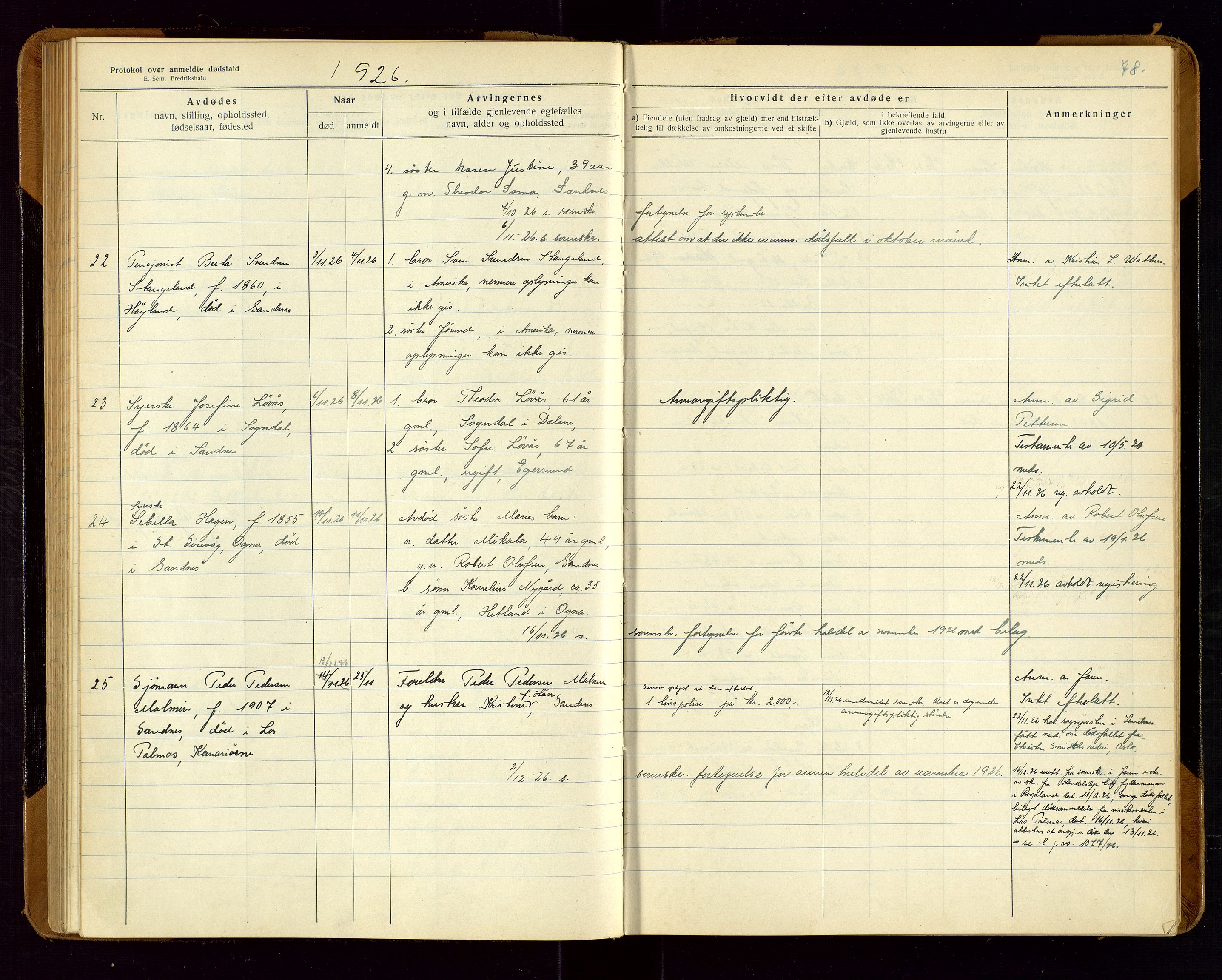 Sandnes lensmannskontor, SAST/A-100167/Gga/L0001: "Protokol over anmeldte dødsfald" m/register, 1918-1940, p. 78