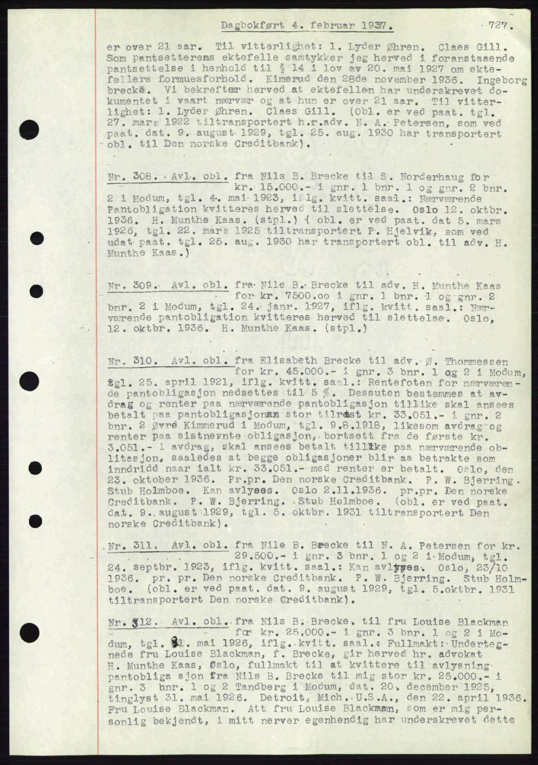 Eiker, Modum og Sigdal sorenskriveri, SAKO/A-123/G/Ga/Gab/L0034: Mortgage book no. A4, 1936-1937, Diary no: : 308/1937