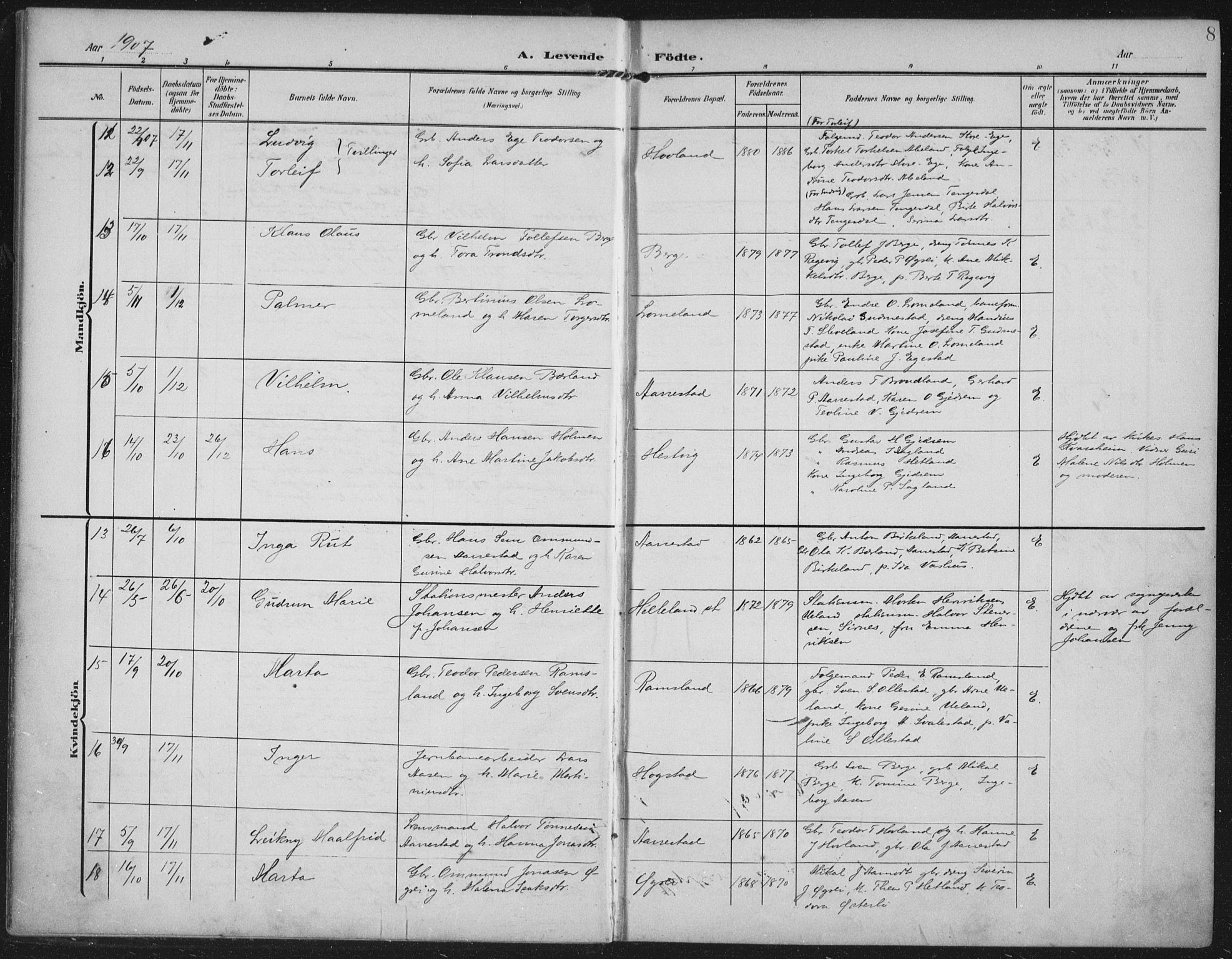 Helleland sokneprestkontor, AV/SAST-A-101810: Parish register (official) no. A 12, 1906-1923, p. 8