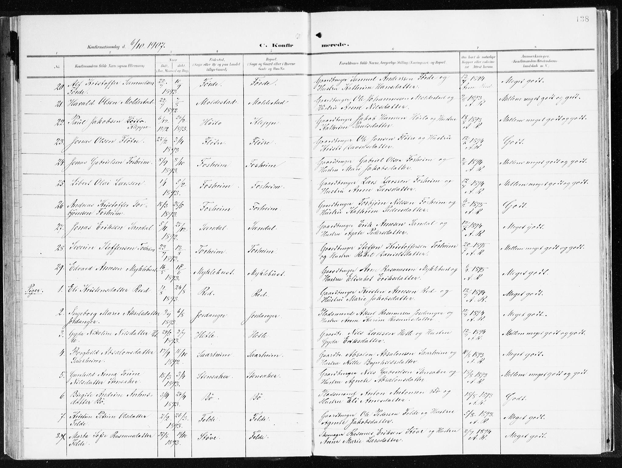 Gloppen sokneprestembete, AV/SAB-A-80101/H/Haa/Haac/L0003: Parish register (official) no. C 3, 1904-1921, p. 138