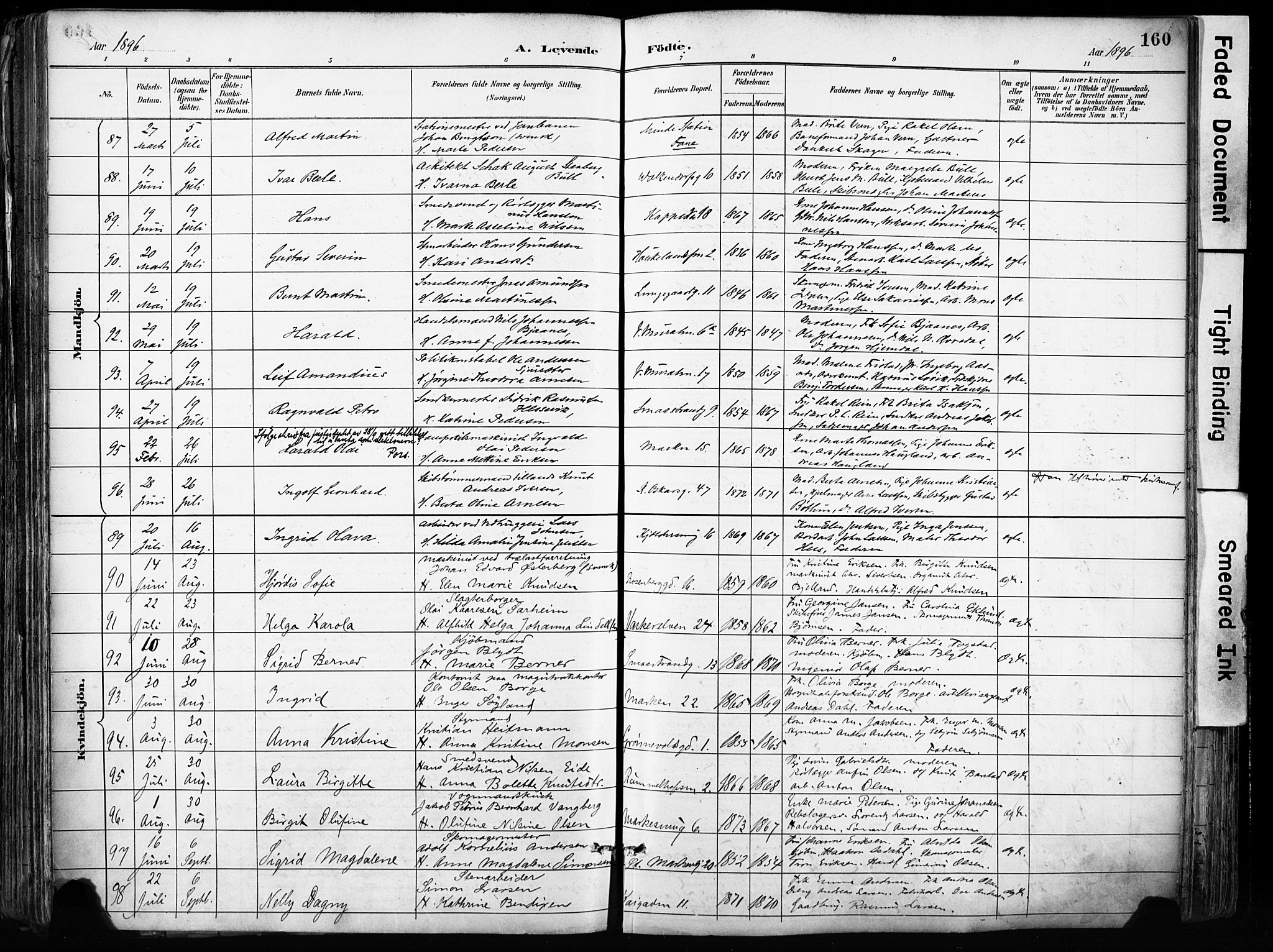 Domkirken sokneprestembete, SAB/A-74801/H/Haa/L0024: Parish register (official) no. B 7, 1888-1903, p. 160