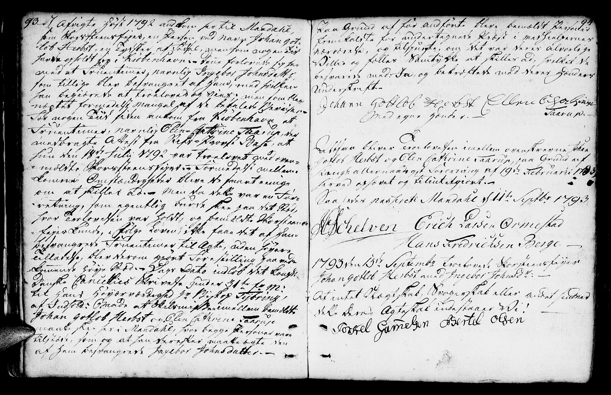 Mandal sokneprestkontor, AV/SAK-1111-0030/F/Fa/Faa/L0007: Parish register (official) no. A 7, 1783-1818, p. 93-94