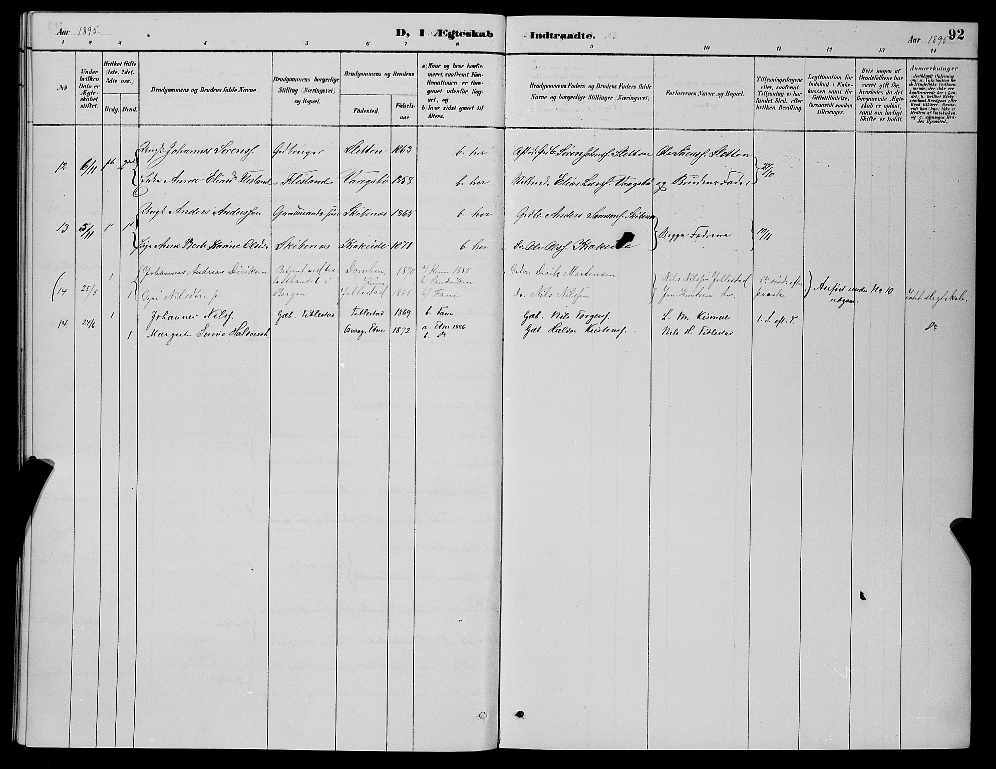 Fana Sokneprestembete, AV/SAB-A-75101/H/Hab/Haba/L0002: Parish register (copy) no. A 2, 1889-1895, p. 92