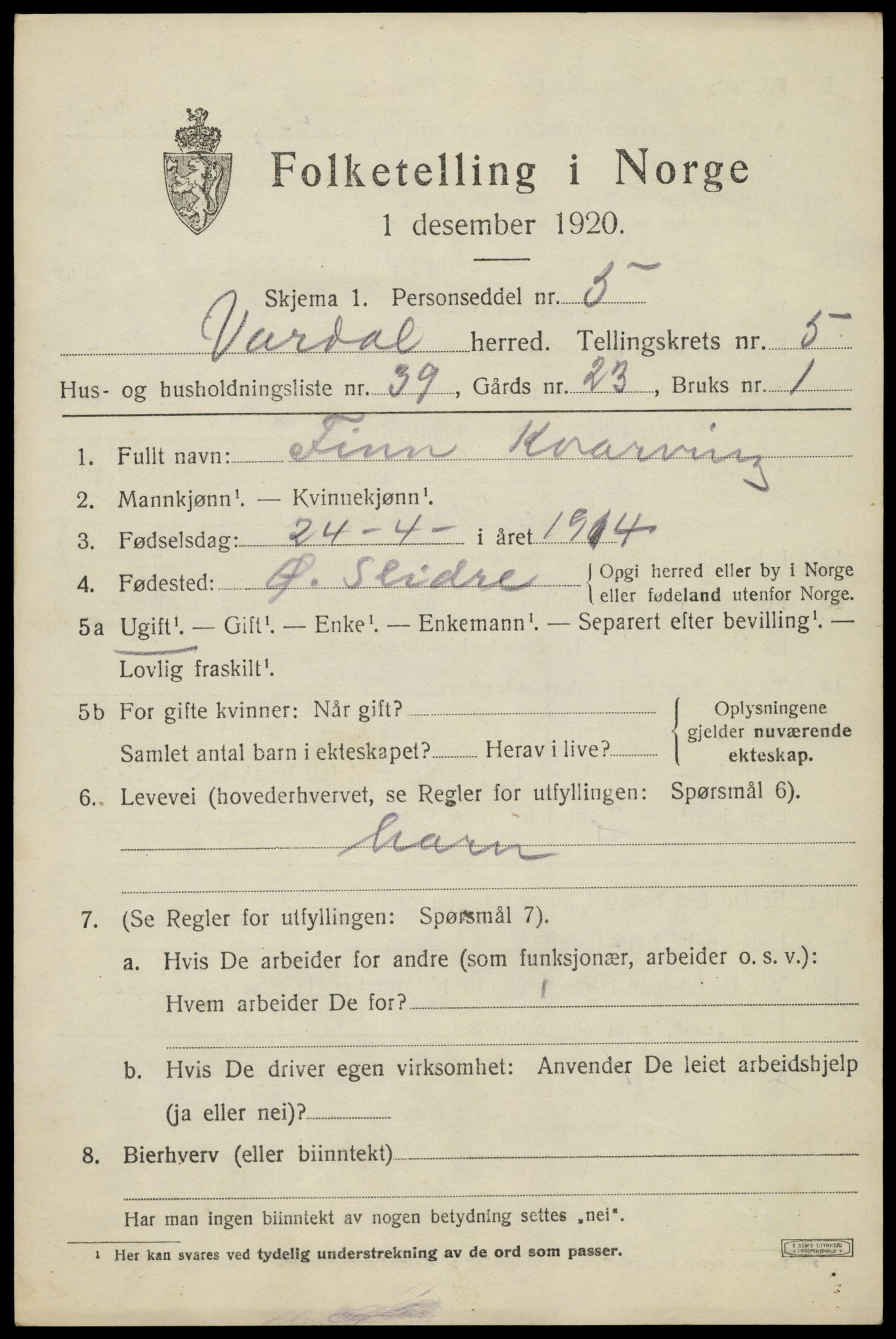 SAH, 1920 census for Vardal, 1920, p. 3531