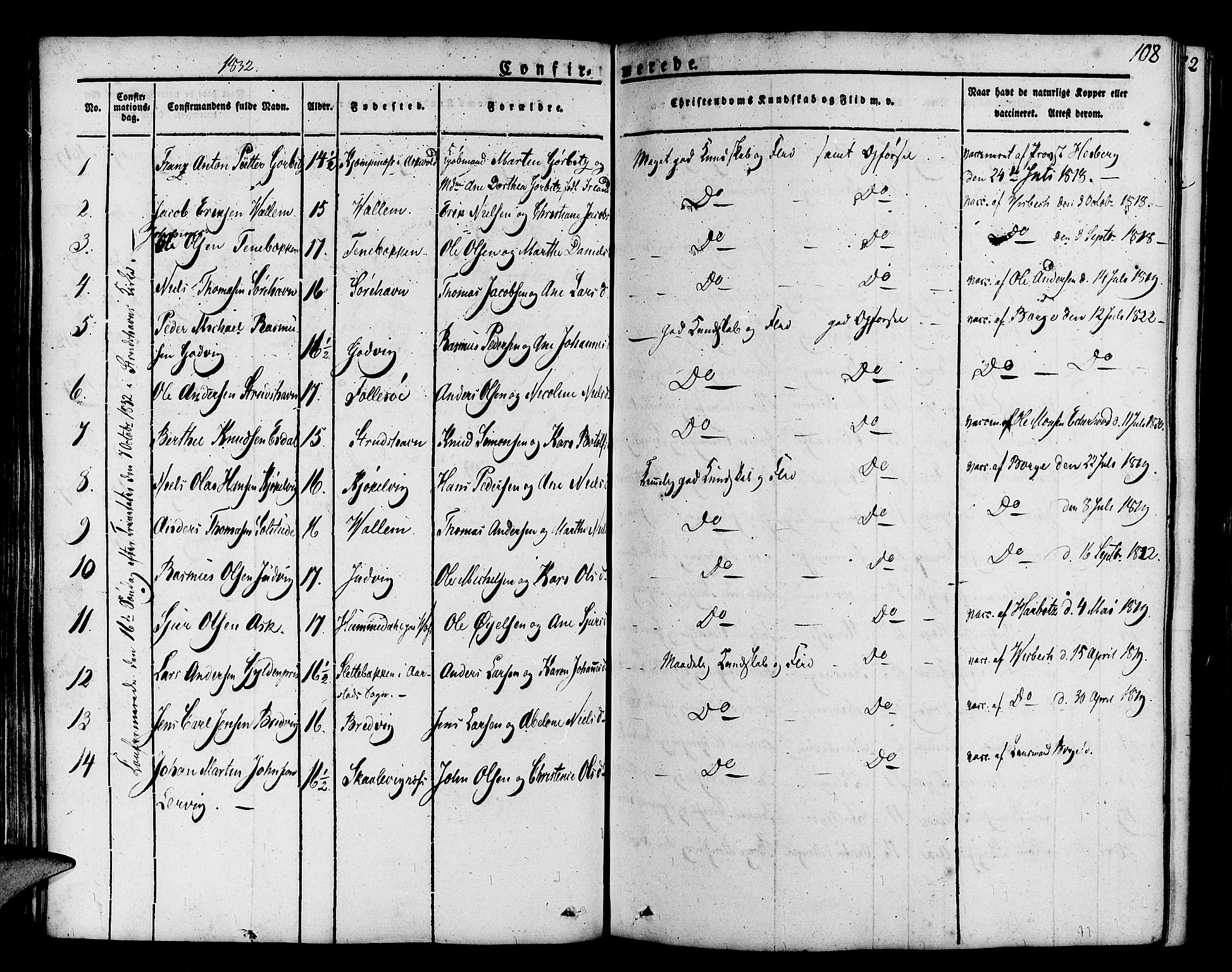 Askøy Sokneprestembete, SAB/A-74101/H/Ha/Haa/Haaa/L0004: Parish register (official) no. A 4, 1825-1845, p. 108