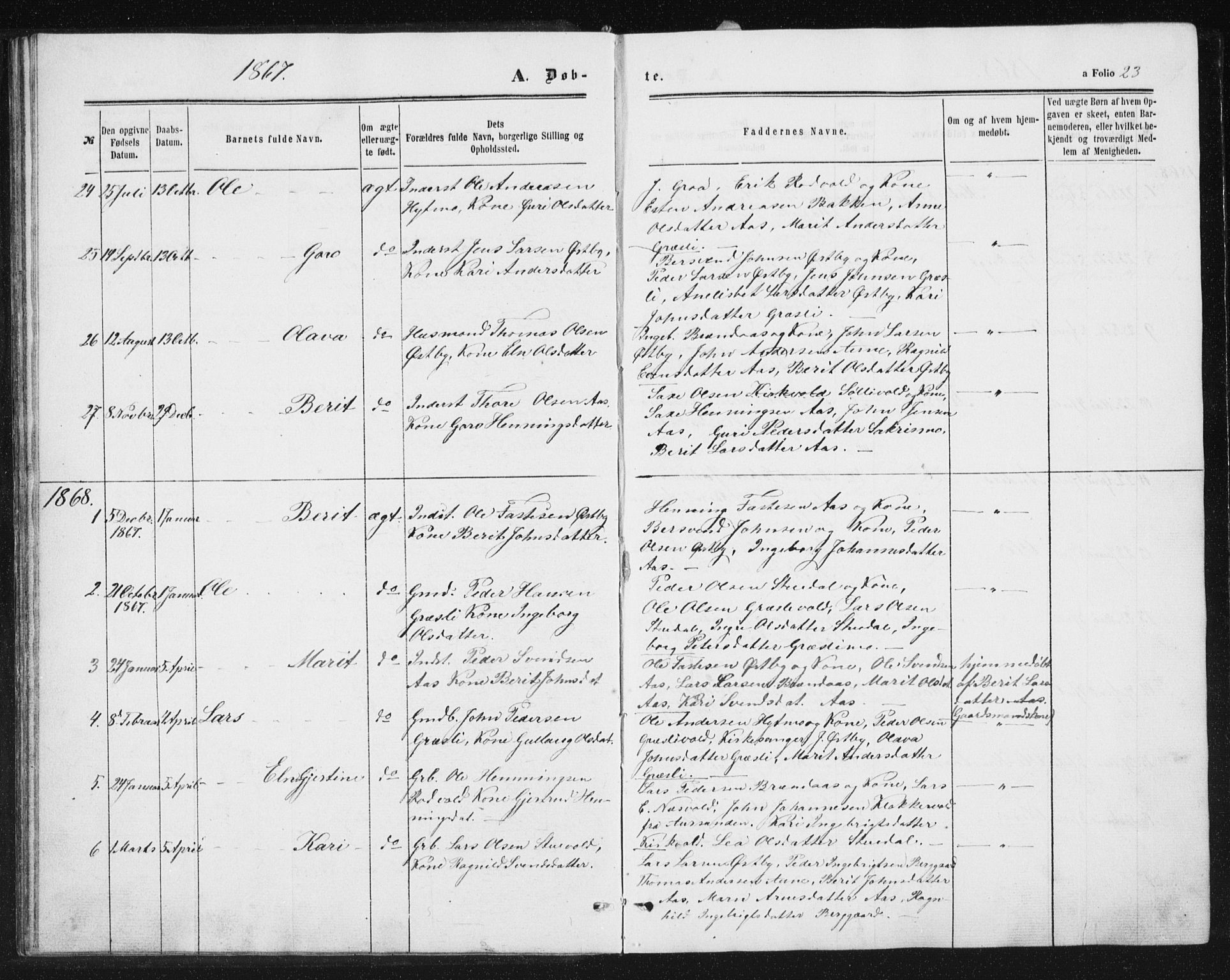 Ministerialprotokoller, klokkerbøker og fødselsregistre - Sør-Trøndelag, SAT/A-1456/698/L1166: Parish register (copy) no. 698C03, 1861-1887, p. 23