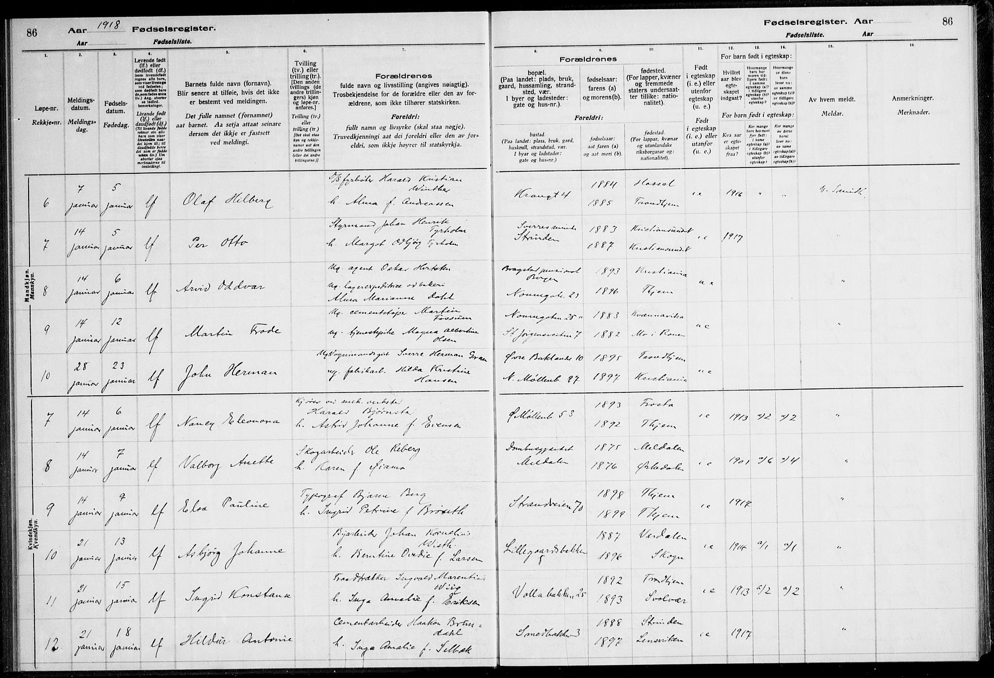 Ministerialprotokoller, klokkerbøker og fødselsregistre - Sør-Trøndelag, AV/SAT-A-1456/600/L0002: Birth register no. 600.II.4.1, 1916-1920, p. 86