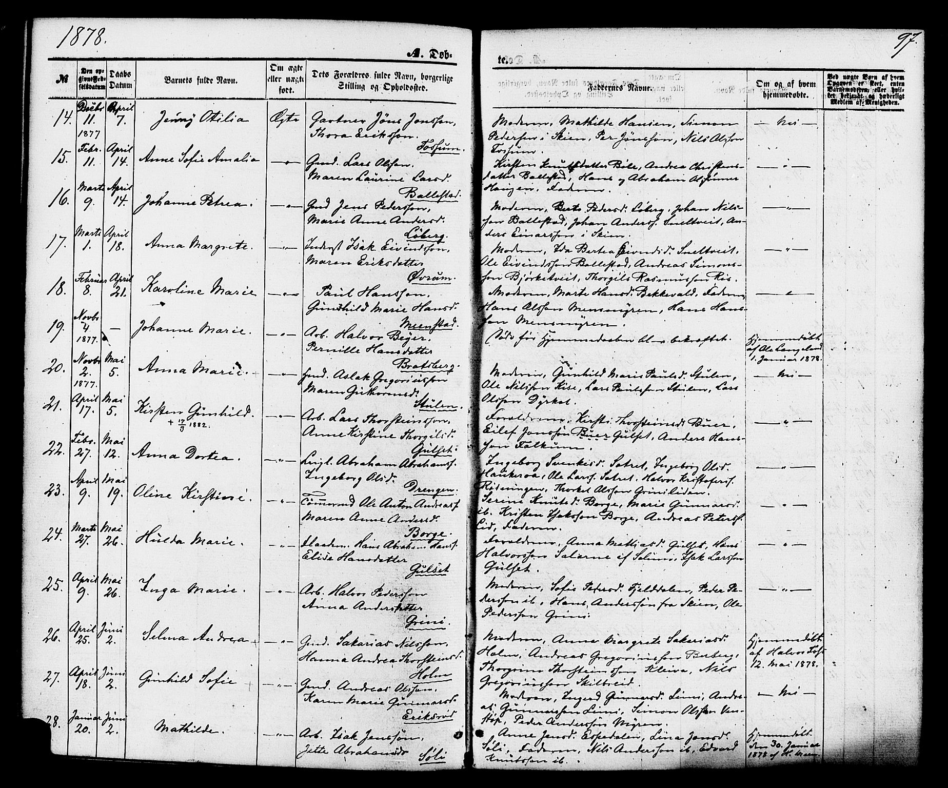 Gjerpen kirkebøker, SAKO/A-265/F/Fa/L0009: Parish register (official) no. I 9, 1872-1885, p. 97