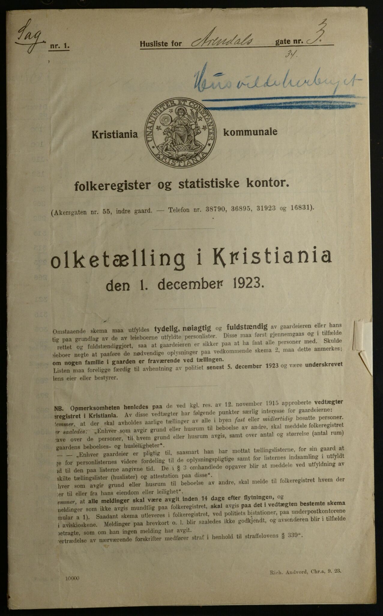 OBA, Municipal Census 1923 for Kristiania, 1923, p. 2207