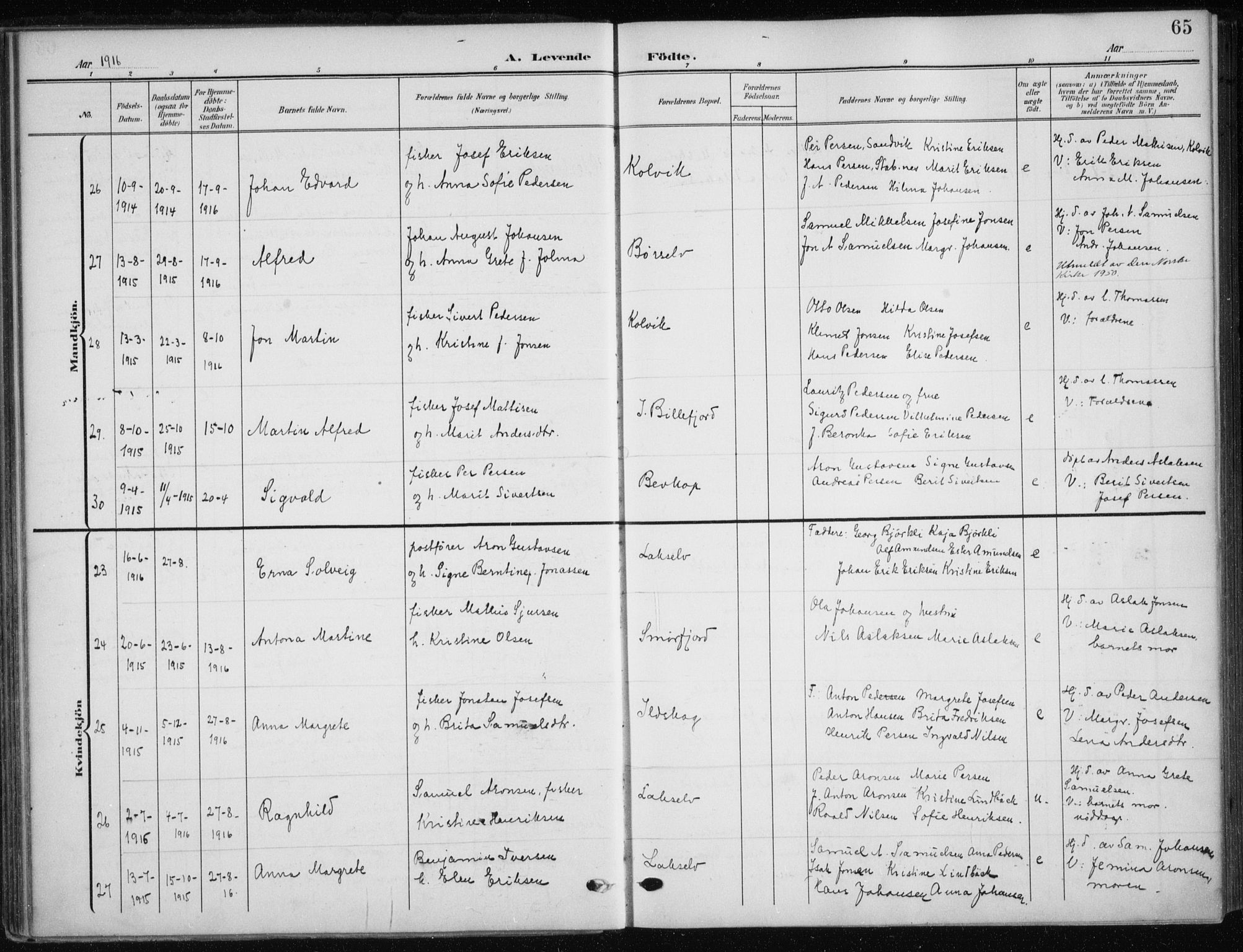 Kistrand/Porsanger sokneprestembete, AV/SATØ-S-1351/H/Ha/L0014.kirke: Parish register (official) no. 14, 1908-1917, p. 65