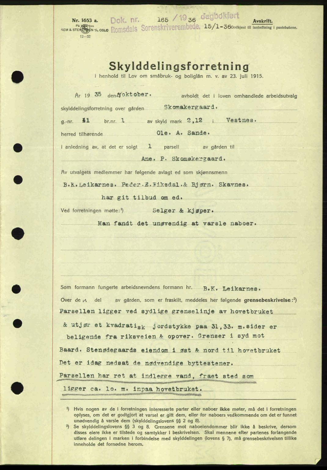 Romsdal sorenskriveri, AV/SAT-A-4149/1/2/2C: Mortgage book no. A1, 1936-1936, Diary no: : 165/1936