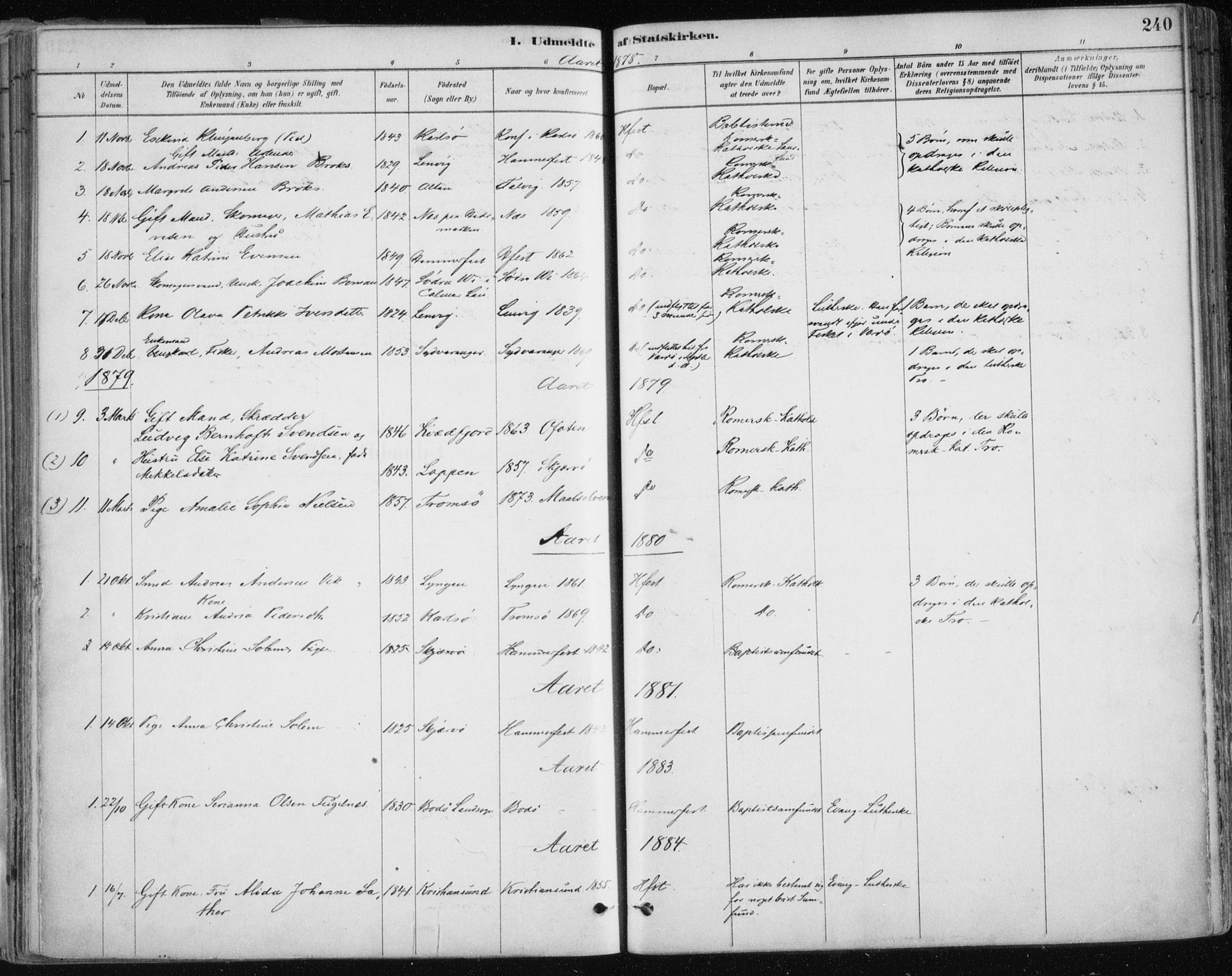 Hammerfest sokneprestkontor, SATØ/S-1347/H/Ha/L0008.kirke: Parish register (official) no. 8, 1878-1889, p. 240