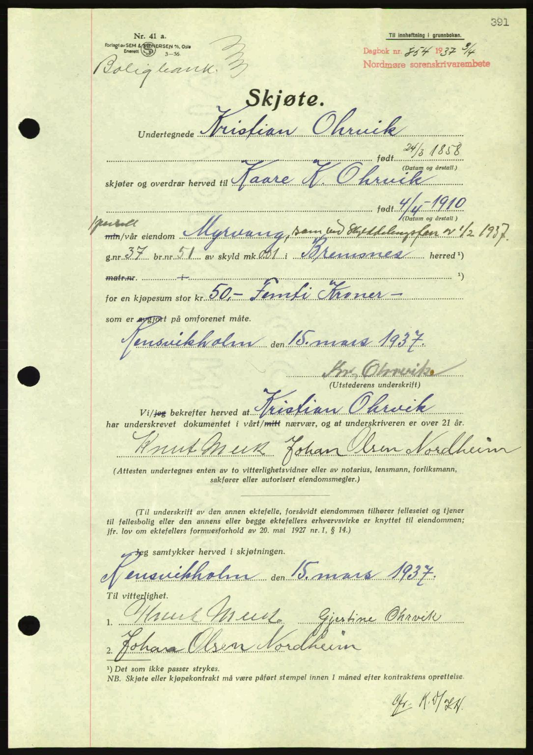 Nordmøre sorenskriveri, AV/SAT-A-4132/1/2/2Ca: Mortgage book no. A81, 1937-1937, Diary no: : 854/1937