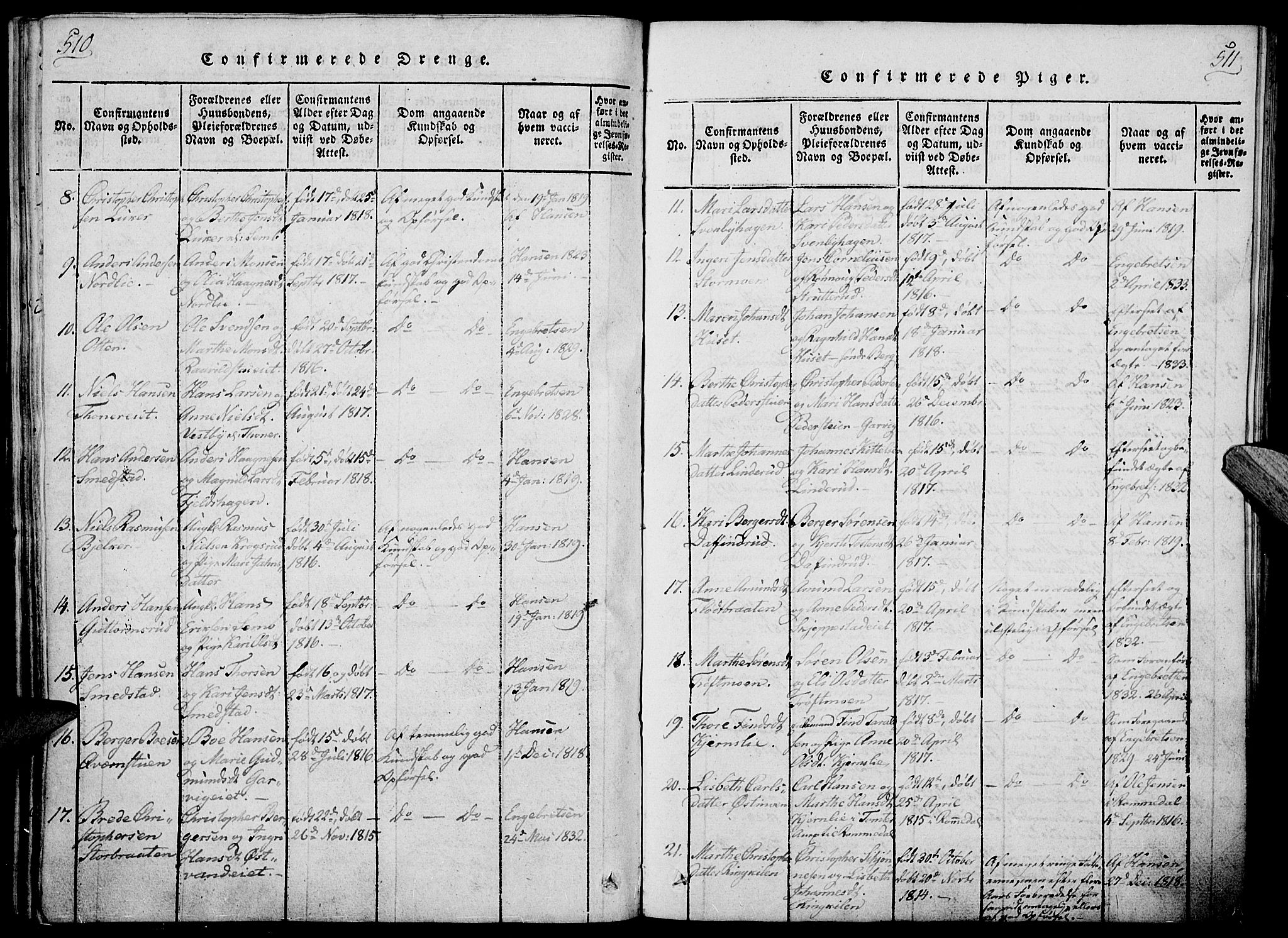 Nord-Odal prestekontor, AV/SAH-PREST-032/H/Ha/Haa/L0001: Parish register (official) no. 1, 1819-1838, p. 510-511