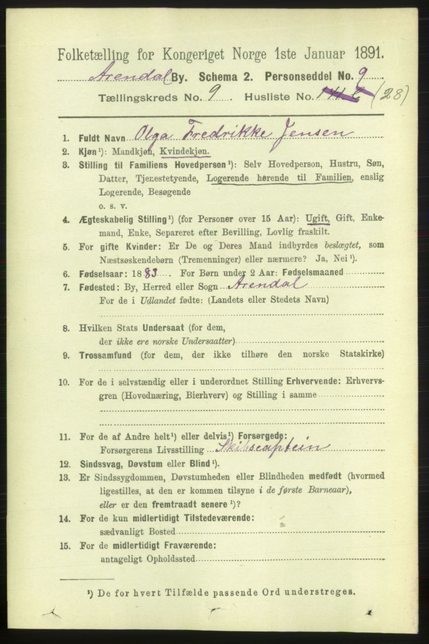 RA, 1891 census for 0903 Arendal, 1891, p. 3518