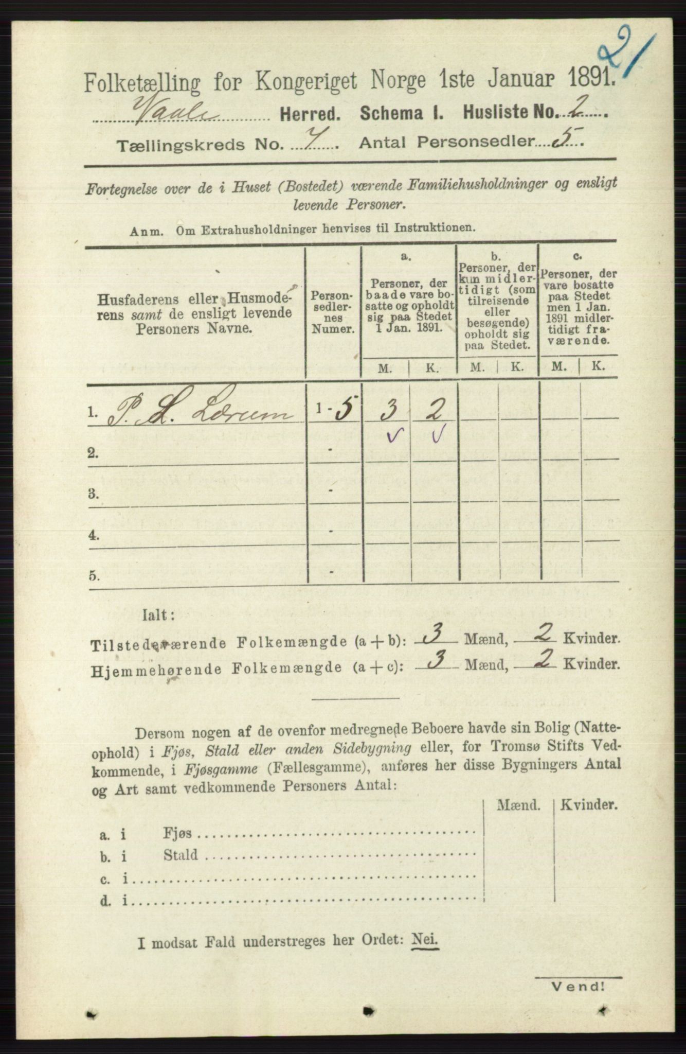 RA, 1891 census for 0716 Våle, 1891, p. 2305